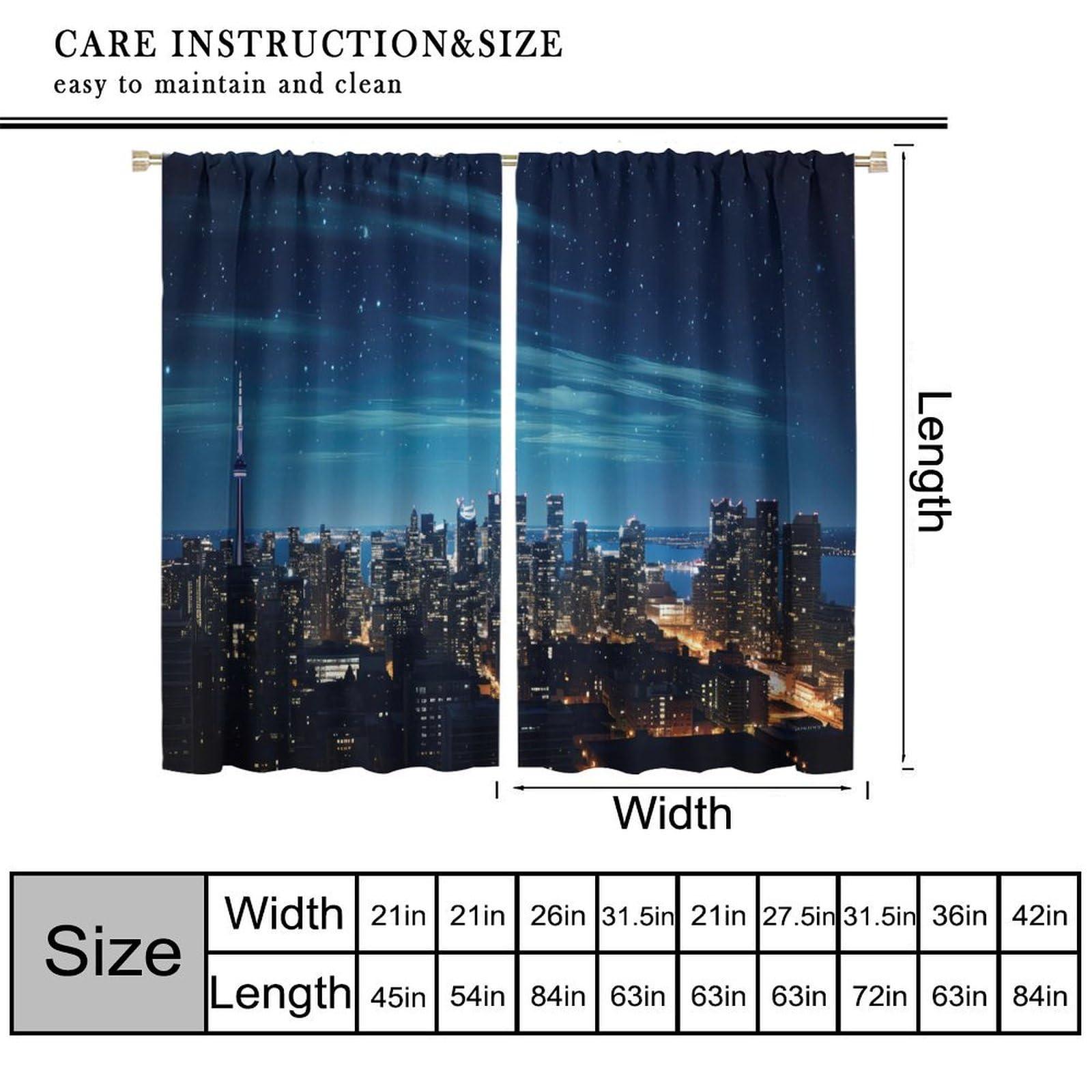 BATPLY Modern City Landscape Curtains, Dreamy Glitter Aurora Starry Sky Decor Night Riverside Urban Skyscraper Scenery Drapes, Blackout Rod Pocket Window Treatments for Living Room Bedroom Bathroom 63x72in
