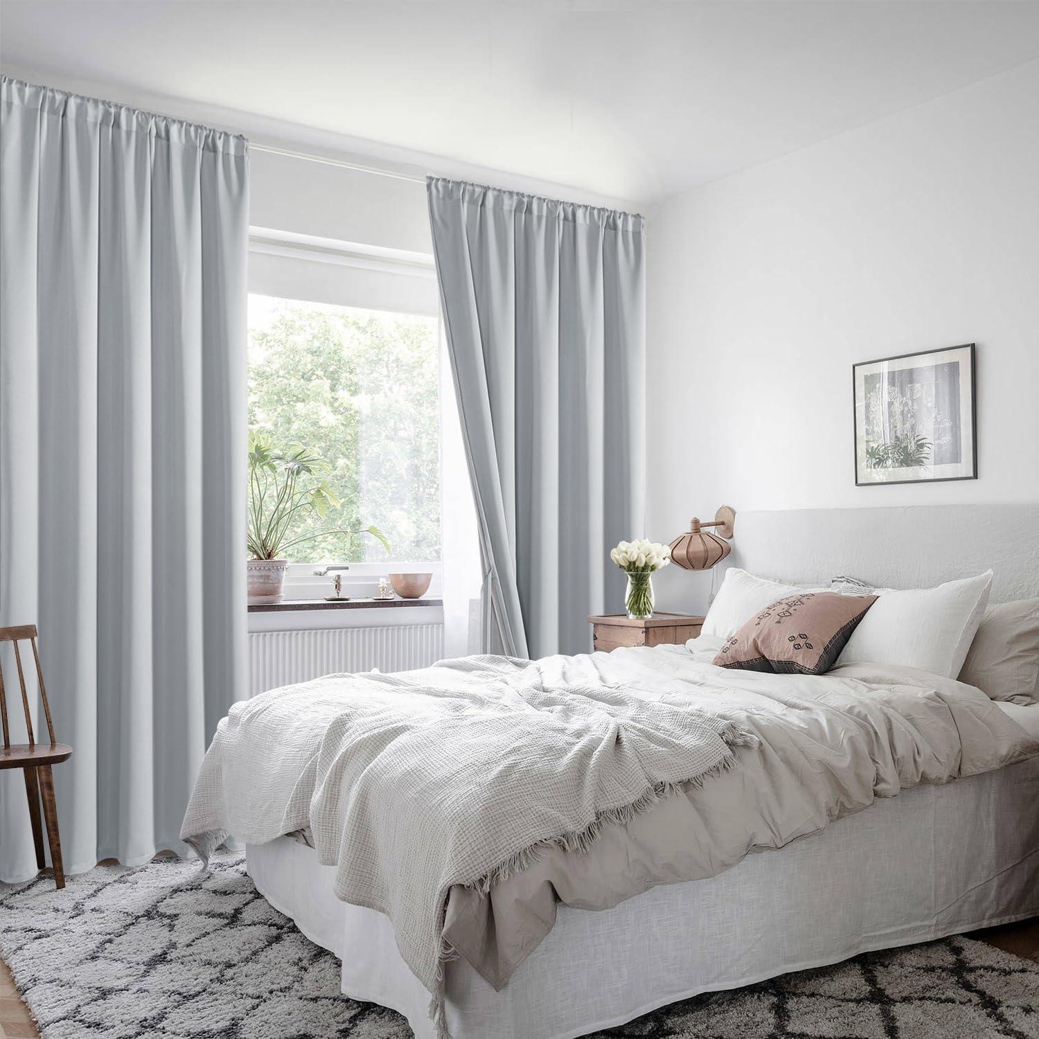 XWZO XWZO Full Shading Blackout Curtains 54 Inches Length with Tiebacks- Heat and Light Blocking Rod Pocket Window Drapes with Black Liner Backing for Bedroom/Kid\'s Room, Silver Grey, W52 x L54, Set of 2