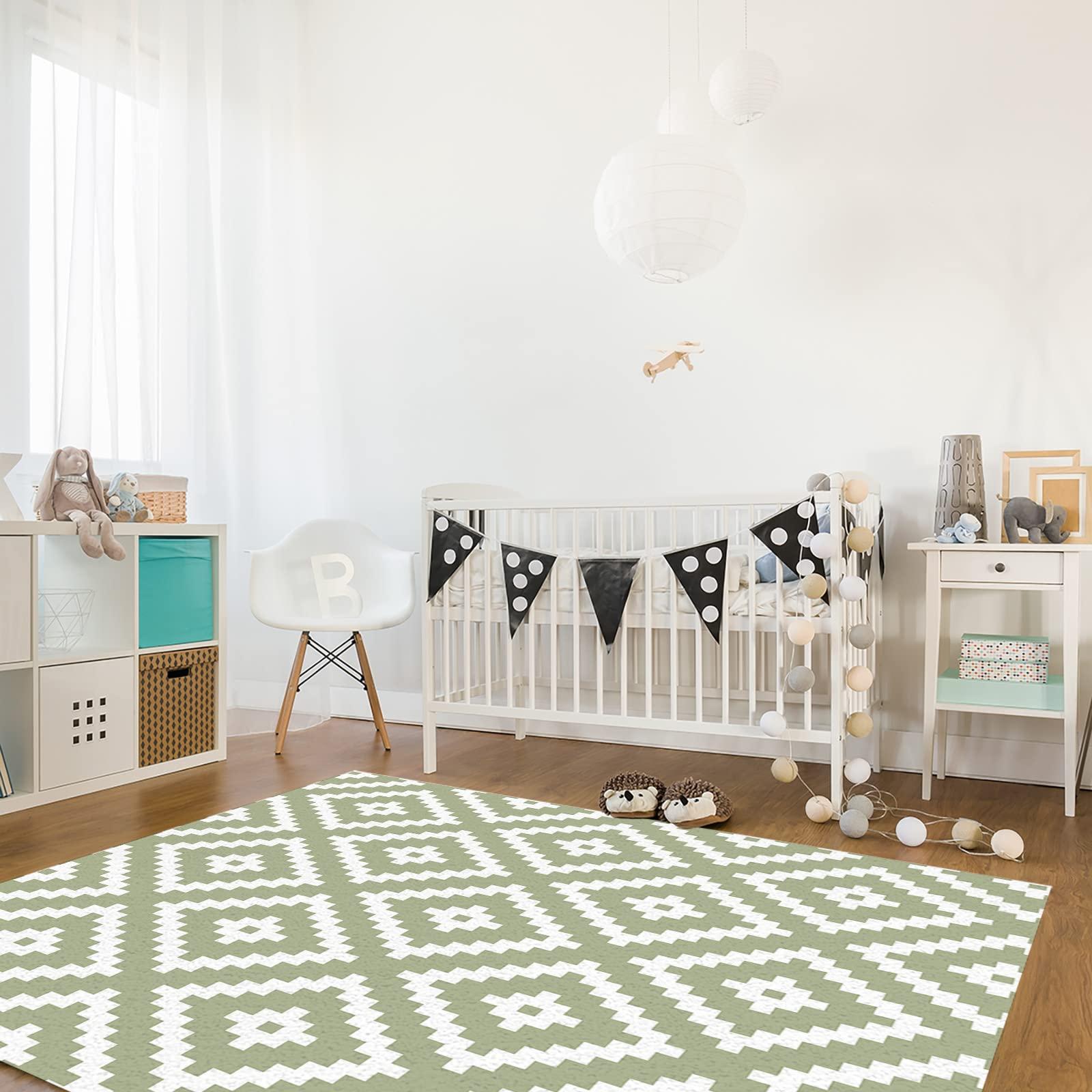 Debedcor Sage Green Geometric Area Rug for Living Room, Rectangular Indoor Carpet - 2'7" x 5', White Block Modern Abstract Art Non-Skid Bathroom Mat Kitchen Runner Rugs for Bedroom