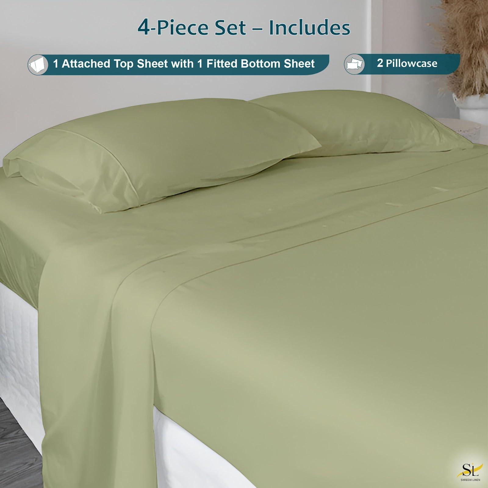 Shreem Linen Waterbed Sheets Queen Size Attached Waterbed Sheets 100% Egyptian Cotton 600-Thread Count 4 Piece Sheet Set 15\" Deep Pocket Attached Waterbed Sheet Set in Solid (Sage, Queen)
