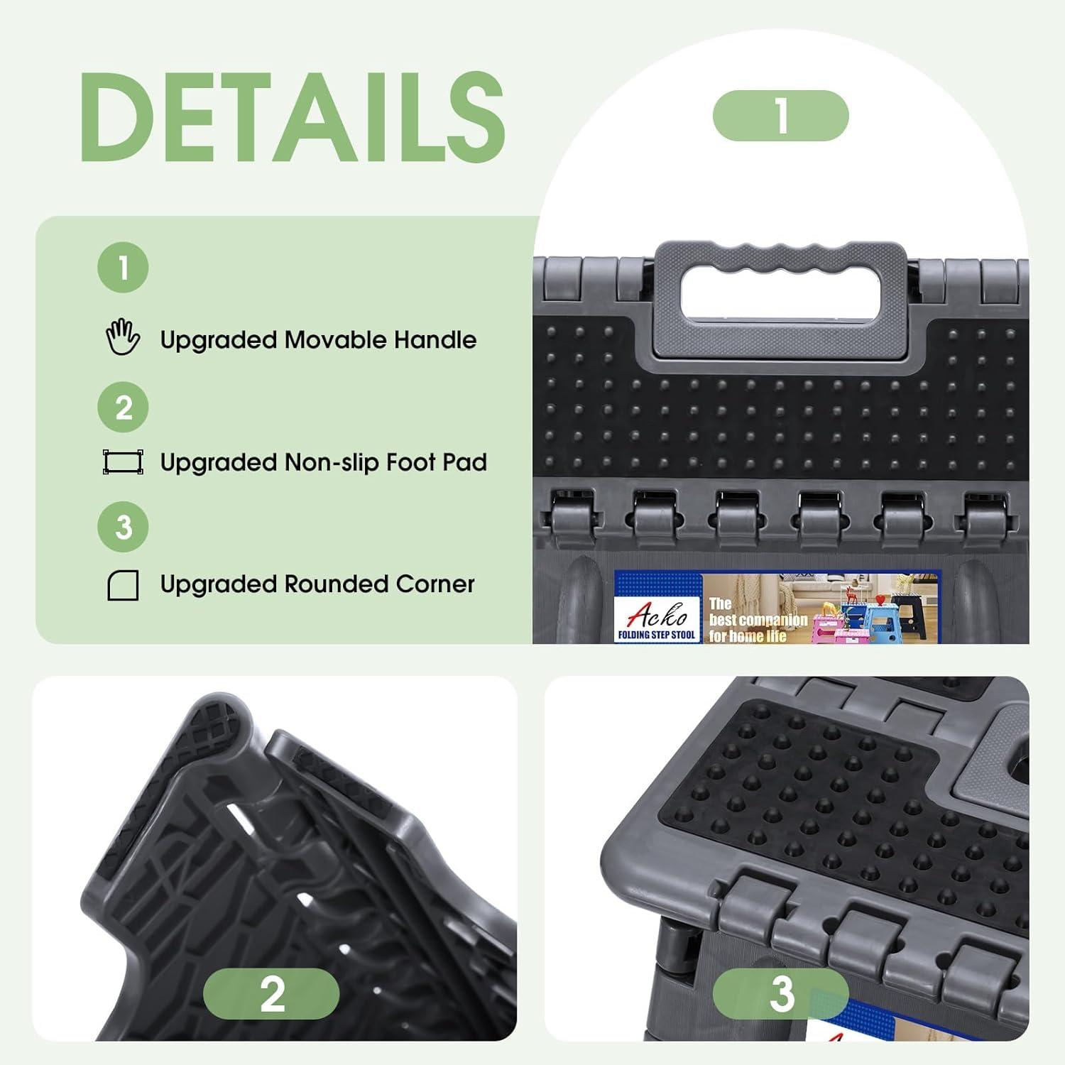 ACKO ACKO Folding Step Stool Foldable 16 Inch Stools for Adults and Kids,Plastic Stools Tall 400 lbs Capacity,Collapsible Stool for Kitchen, Stepping Foot Stool with Handle,Dot Grey 6Pack