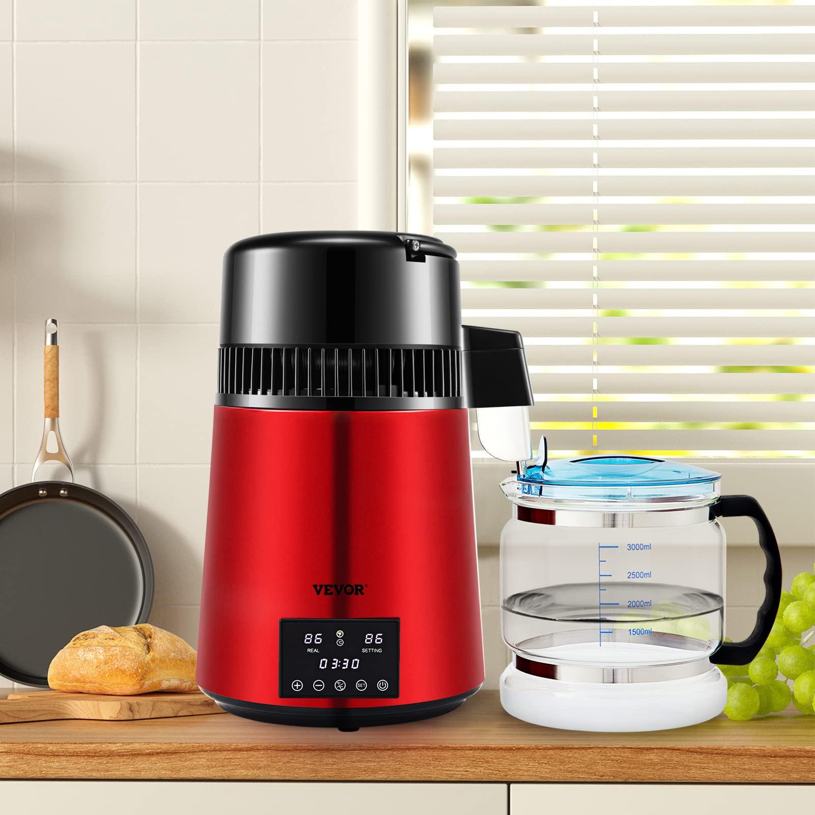 VEVOR VEVOR 1.1Gal Water Distiller, 0.3Gal/H, Distilled Water Maker Machine 750W 0-99H Timing Dual Temp Display, 304 Stainless Steel Countertop Distiller Glass Carafe Cleaning Powder 3 Carbon Packs, Red