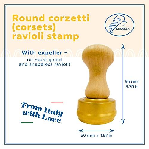 LA GONDOLA La Gondola Homemade Ravioli Stamp - Round Corzetti (Corsets) 1.97in | Italian Pasta Making Tool for Home and Business | Brass & Natural Wood | Easy to Use Ravioli Stamp | Ravioli Cutter Made in Italy