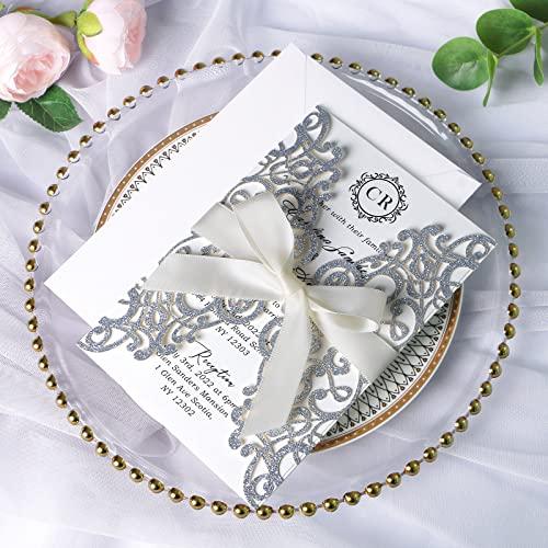 ponatia ponatia 25PCS 5.12 x 7.1 \'\' Champagne Gold Glitter Laser Cut Wedding Invitations Cards with Envelopes for 5x7 Invitation Cards Wedding Baby Bridal Shower Engagement Sweet 16 Birthday Invite