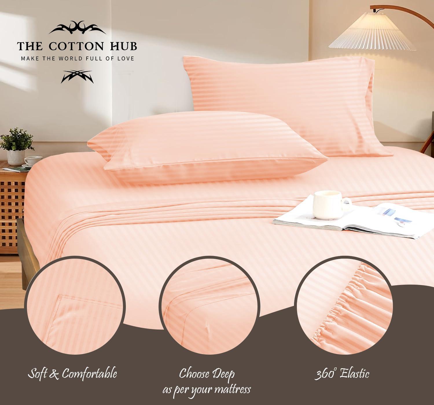 The Cotton Hub Cal-King Size 4-Piece Sheet Set 600 Thread Count Premium Soft Combed Cotton Bed Sheets fits up to 14-16 inch Deep Pocket (Stripe, Peach)