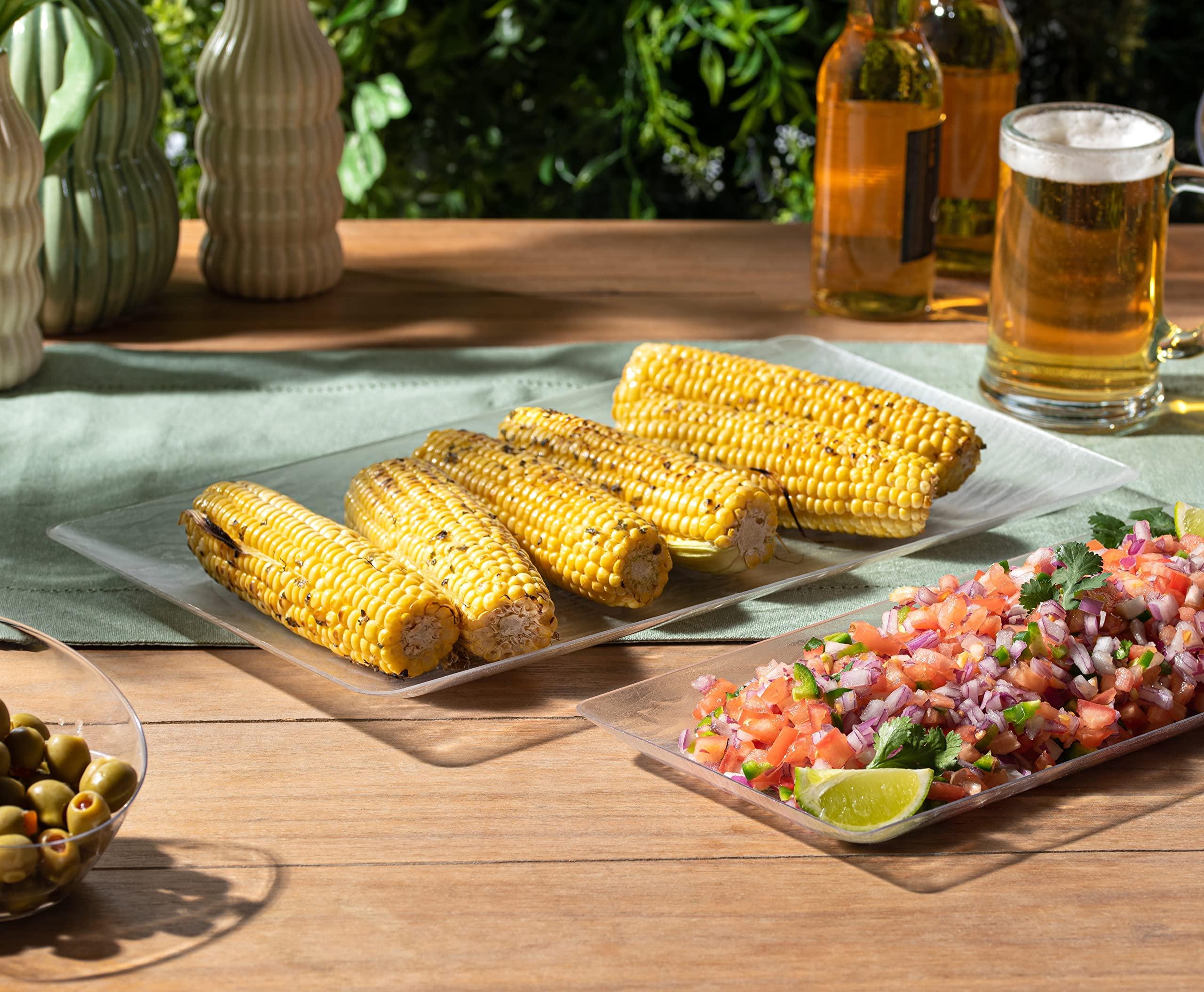 Posh Setting Posh Setting - Serving Platters and Trays, Plastic Platter Tray, Wood Pattern Clear Serving Tray, Clear Rectangular Tray, Clear Trays for Food, Stackable & Disposable Party Platters, 5 Pack - 17x9