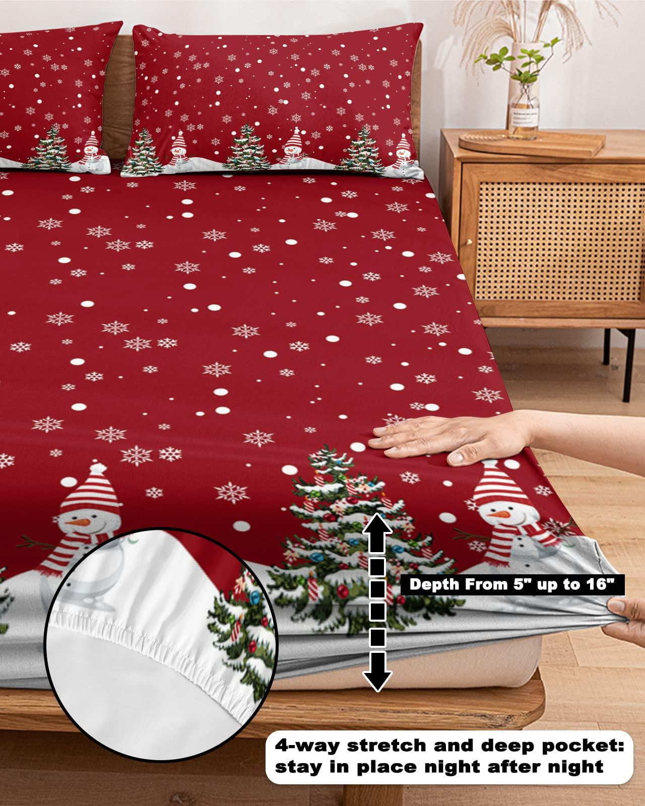 ZFUNCING Christmas Snowman on Snowy Season Fitted Bed Sheets Queen Size Fit 5-16inch Deep Pockets,Luxury Bottom Sheet Bedding Set with Pillow Case,Winter Whtie Snowflake on Red Fitted Sheet for Mattress