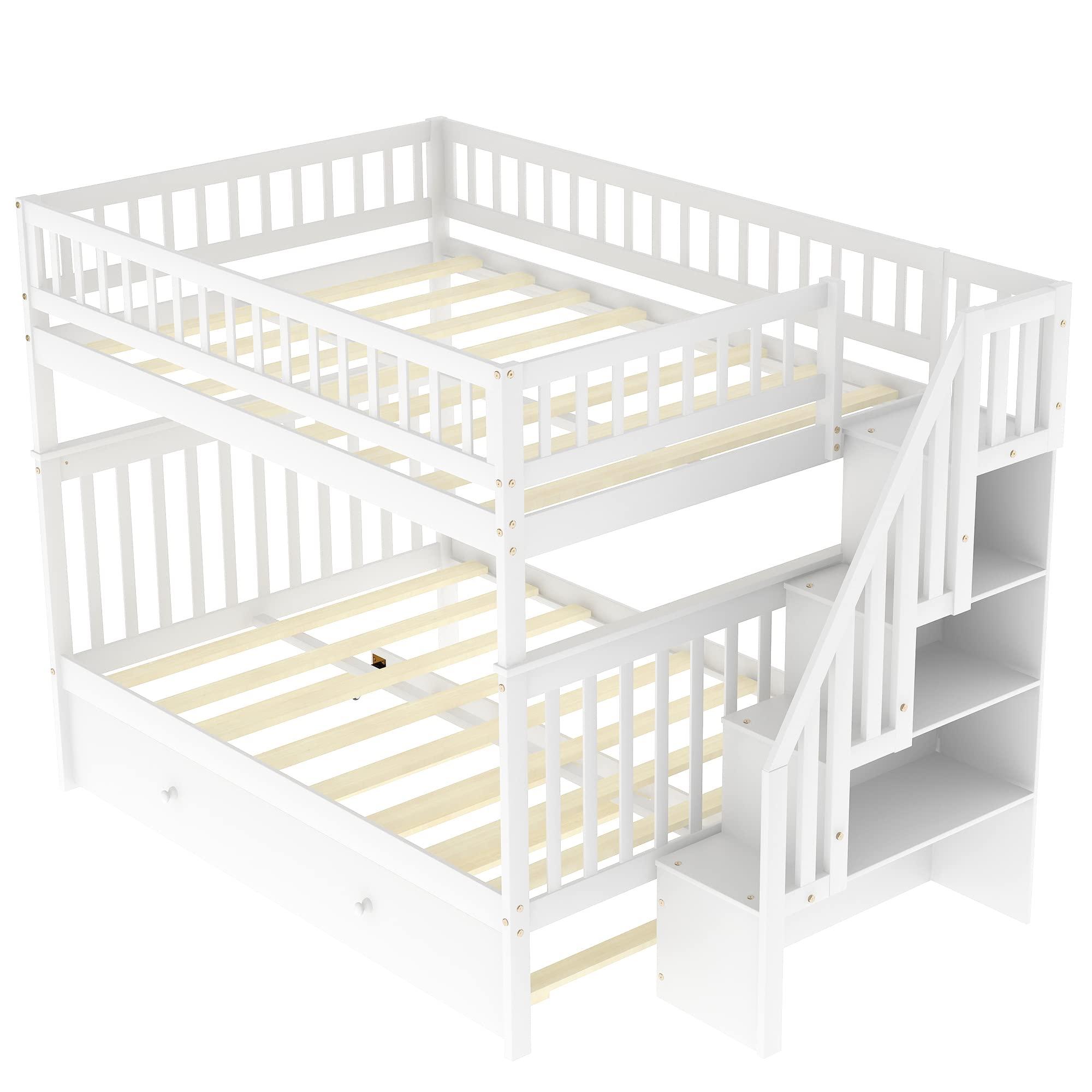 Quarte Quarte Full Over Full Bunk Bed with Trundle/Staircase/4 Storage Shelves, Convertible 3 Individual Beds, Solid Wood Bunk Bed Designed for Kids/Teens/Adults (White+Full/Full*)