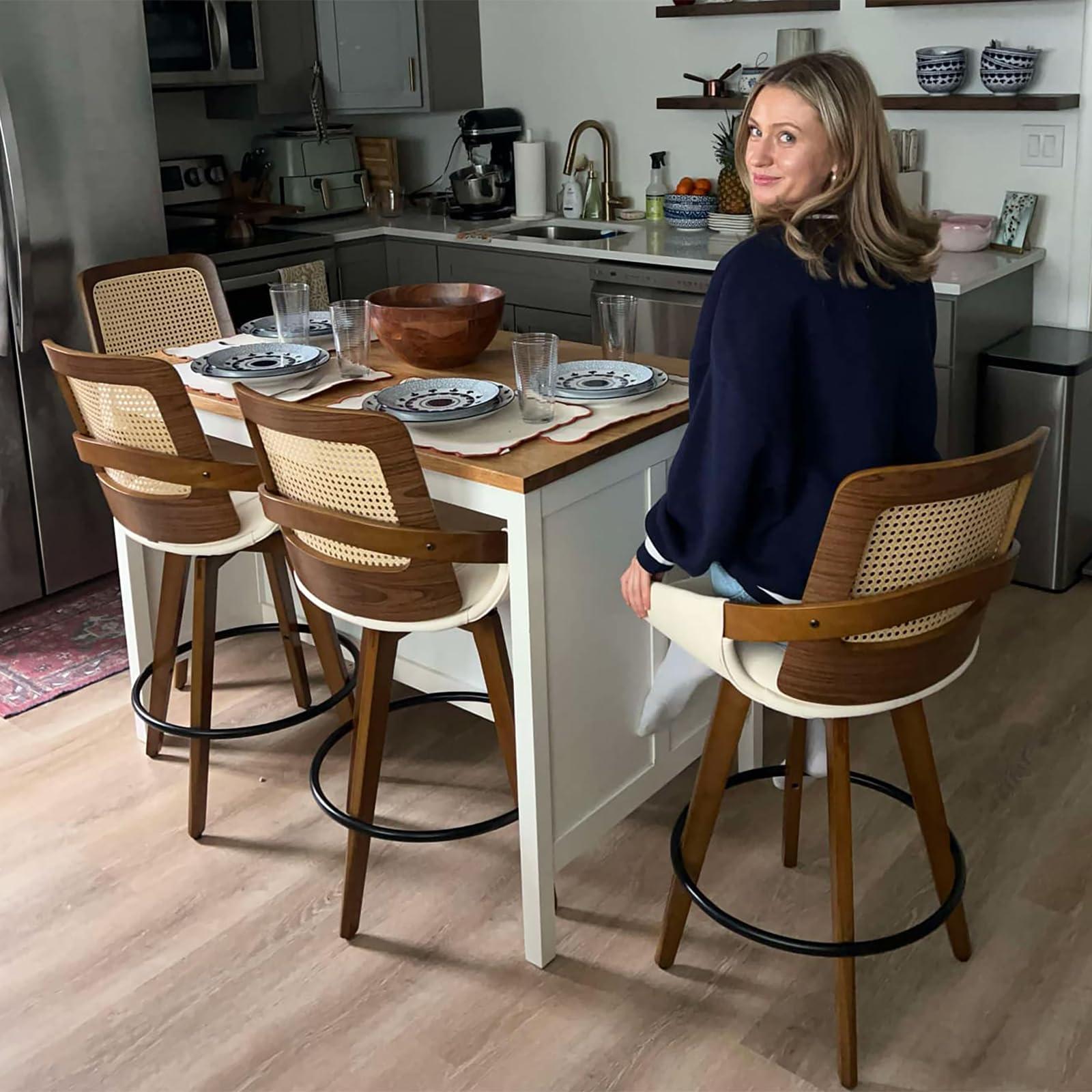 KUNZENT Set of 2 Swivel Rattan Counter Stools - 26.4 inch Mid Century Modern Bar Stools with Cane Back, Upholstered Seat, Curved Arms, Faux Leather Bar Stools for Kitchen/Island/Counter (Walnut Black)