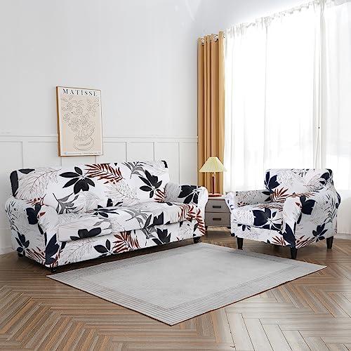 SearchI SearchI Stretch Sofa Cover Printed Couch Cover, Floral Pattern 3 Pieces Loveseat Slipcover with 2 Separate Cushion Cover, Washable Furniture Protector for Living Room(Loveseat, Maple Leaf Pattern)