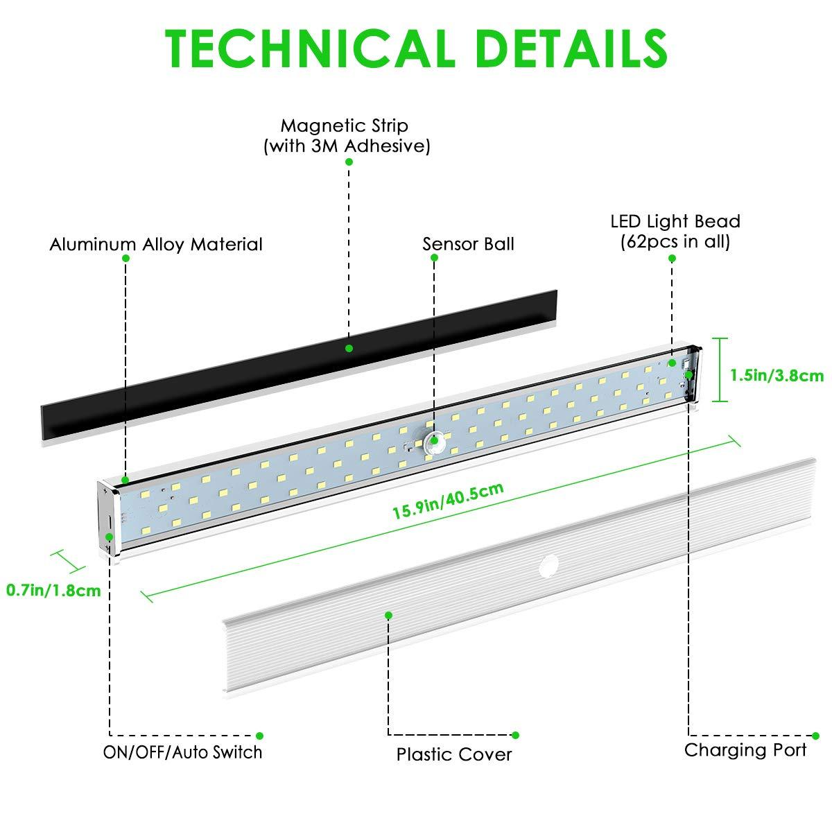 LOFTER LOFTER LED Closet Light , Rechargeable 62-LED Cabinet Lights Wireless Under Cabinet Light for Closet , Cabinet , Wardrobe , Motion Sensor Closet Light with 2 Sensor Mode (ONLY Motion, Motion & Light)