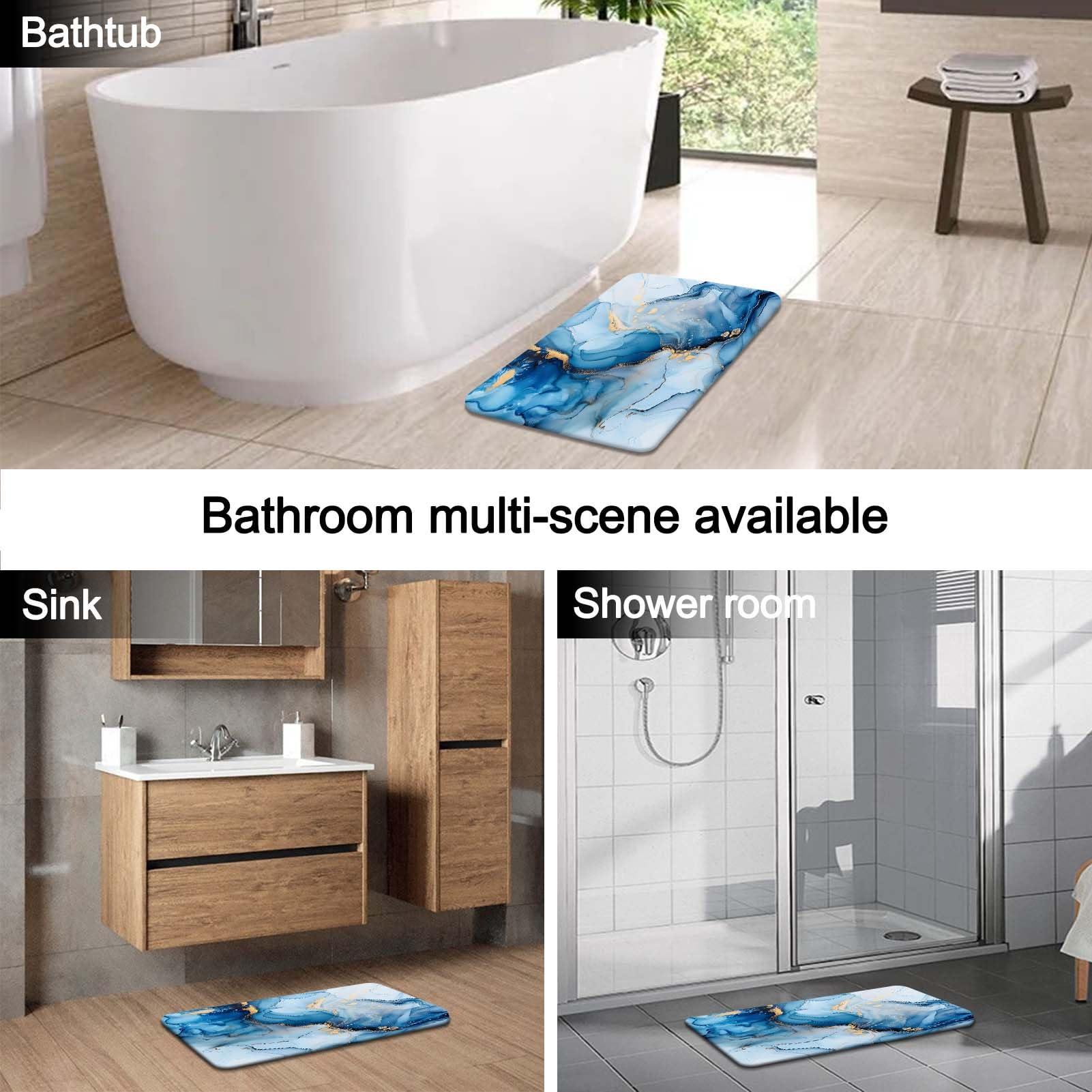 Lnond Lnond 4Pcs Bathroom Sets with Shower Curtain and Rugs, Marble Bathroom Shower Curtain Sets, Blue Gold Modern Art Bathroom Sets with Rugs and Accessories