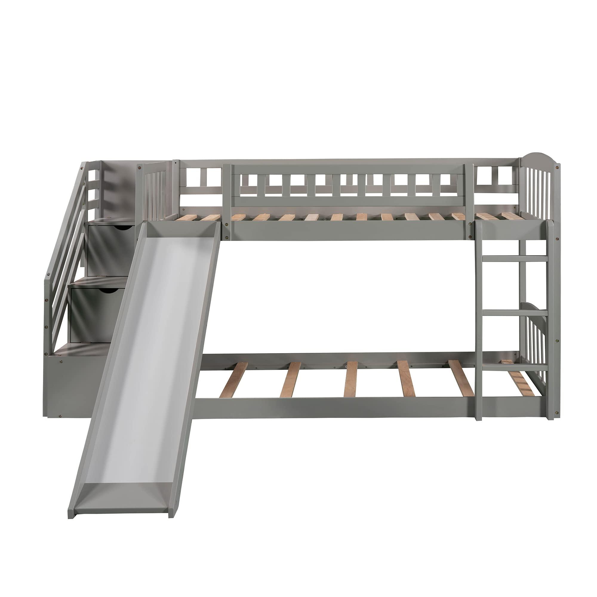 JIVOIT JIVOIT Low Bunk Bed with Two Drawers and Storage Staircase, Twin Over Twin Bunk Bed with Convertible Ladder and Slide, Wooden Stairway Bunk Bed Frame for Kids Teens Boys Girls (Gray+Stairway GZ)