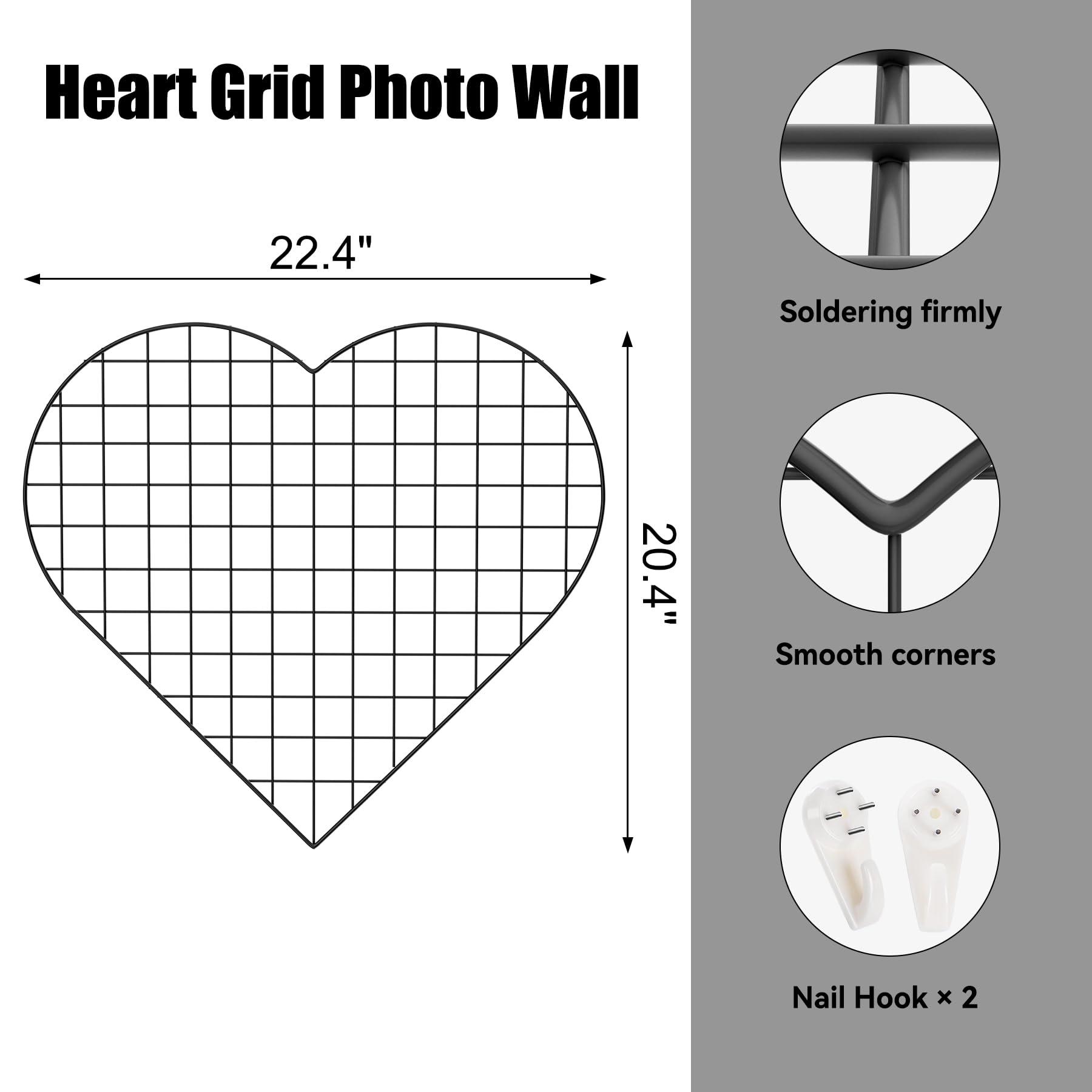 ECLENYES ECLENYES Grid Photo Wall Panels - 22.4\"x20.4\" Heart Shape Iron Rack Art Wire Board, Wall Grid Organizer, DIY Photo Frame for Home, Office, Kitchen, Bedroom, Black