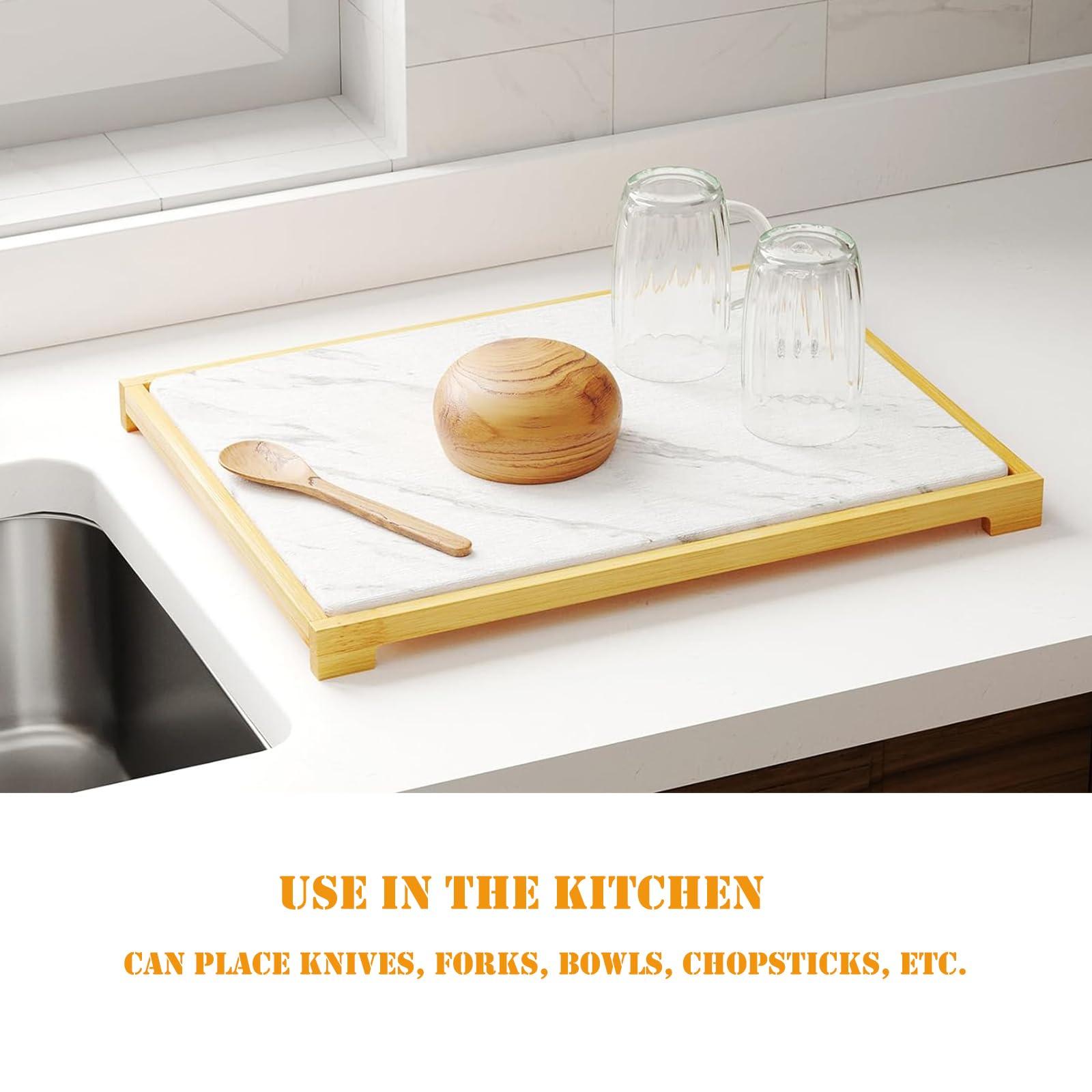 MZSPLENDIDY MZSPLENDIDY Stone Drying Mat for Kitchen Counter, Marble Dish Mat Drying Kitchen Mat with Non-Slip Legs, Ultra Absorbent Diatomaceous Earth Dish Drying Mat for Coffee, Dishes, Bathroom (Marble white)