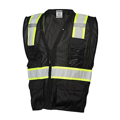 ML Kishigo Kishigo Black Enhanced Visibility Unisex Vest B100, Multi Pocket Mesh Hi-Vis Vest, Ultra-Cool Polyester Material, 6 Pockets, Zipper Front Closure, Construction Work Safety Vest (Black EV, 4X-5X)