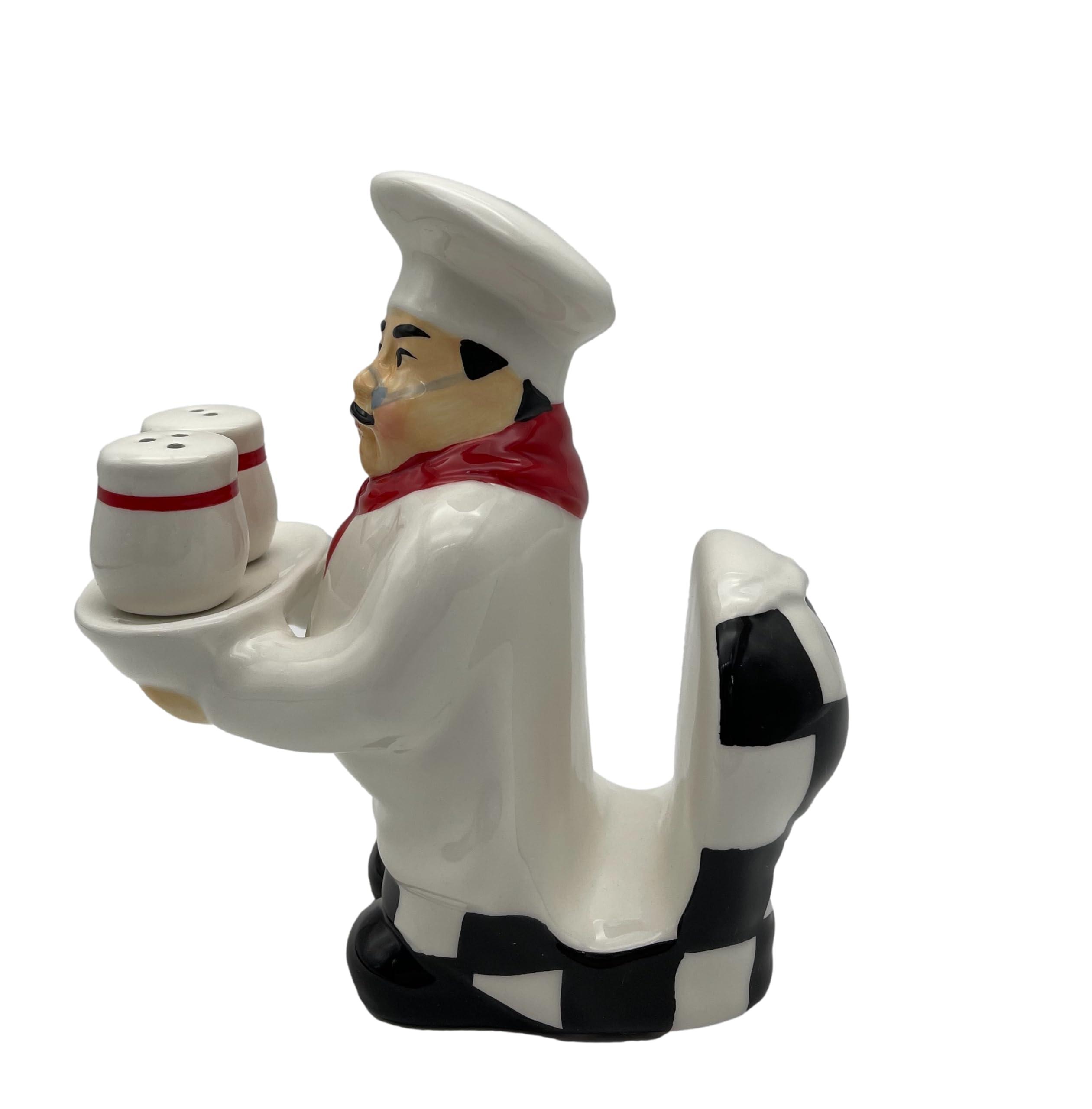 ACK ACK White Chef Hand Painted Ceramic Refillable Salt and Pepper Shaker with Napkin Holder, Kitchen Dcor