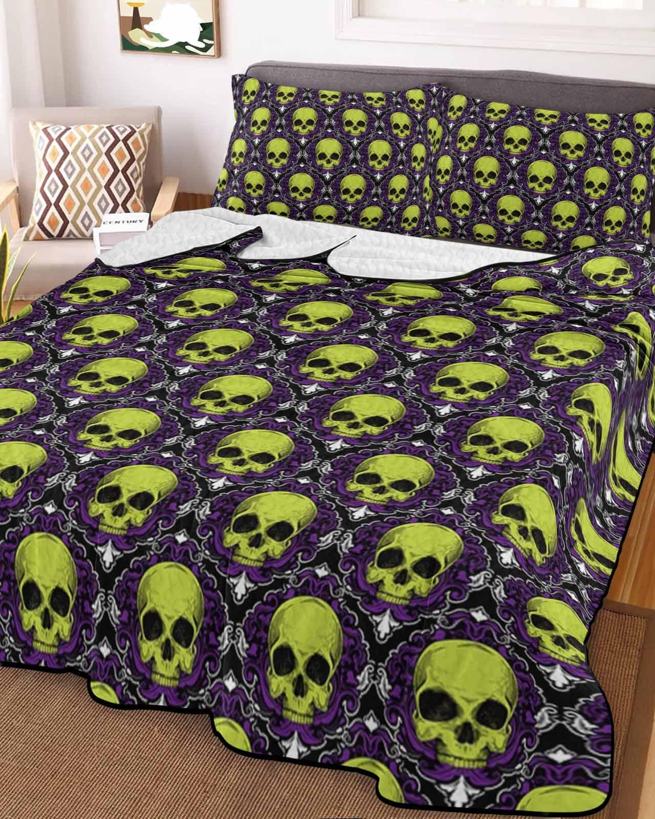 LEOKOTI LEOKOTI Twin Quilt Sets with 2 Pillow Shams, Halloween Skeleton Lightweight Summer Quilts Twin Size, Teal Skull Purple Geometric Bedspreads Coverlet Bedding Set 3 Pieces for All Seasons