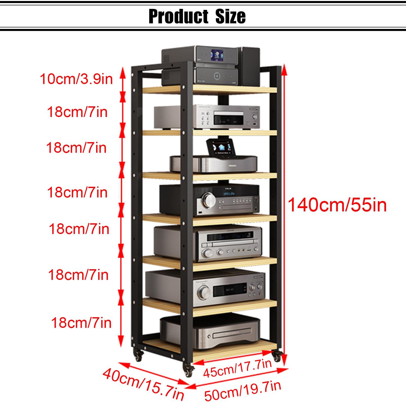 JIXDILO JIXDILO 4-Tier AV Media Stand with Wheels Adjustable Height Wooden Shelves Stereo Component Cabinet Storage Rack Audio Rack Tower for DVD Players Game Console TV Box(7-Tier, White+Wood)