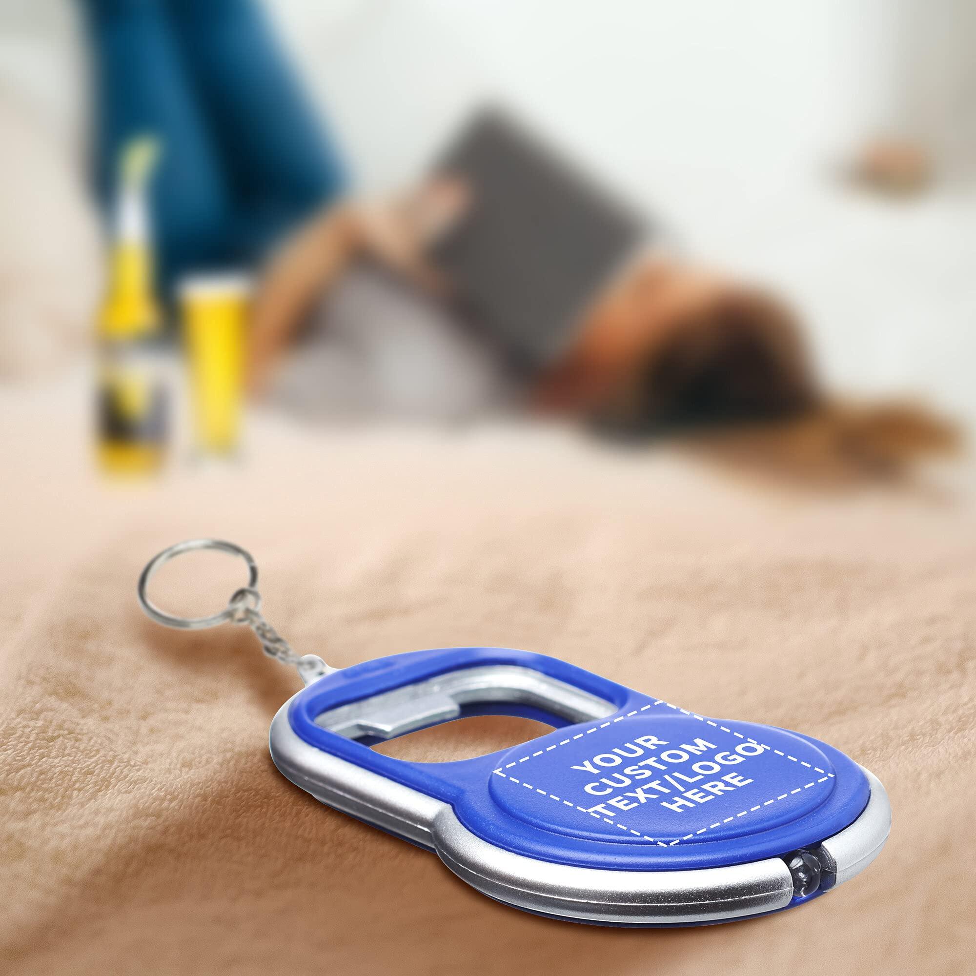 DISCOUNT PROMOS DISCOUNT PROMOS Custom Bottle Opener & LED Keychains Set of 50, Personalized Bulk Pack - Perfect for Tradeshows, Party Favors, Other Events - Blue