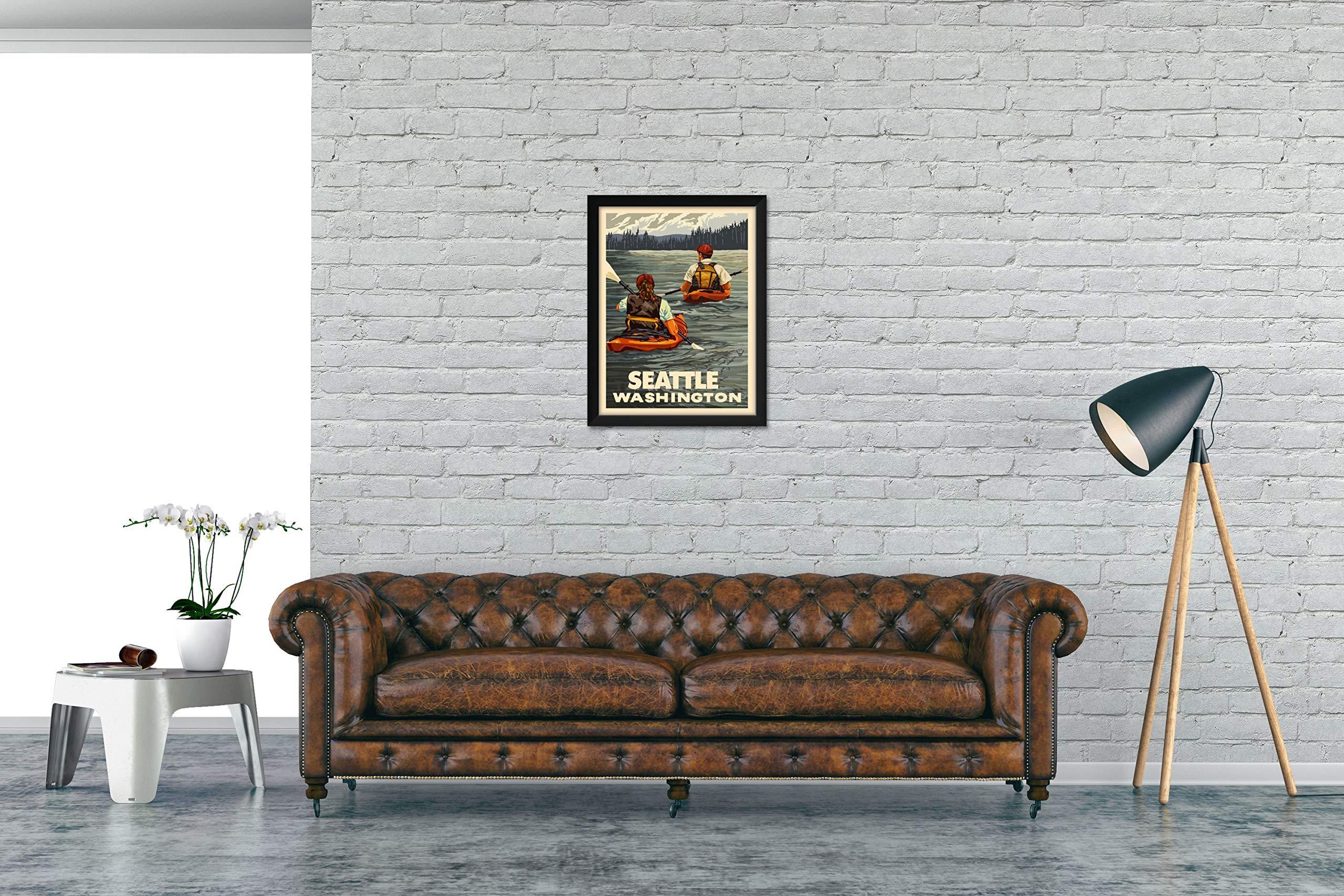 Northwest Art Mall Seattle Washington Kayakers Professionally Framed Art Print from Travel Artwork by Artist Paul A. Lanquist Framed Art Size: 20\" x 26\"