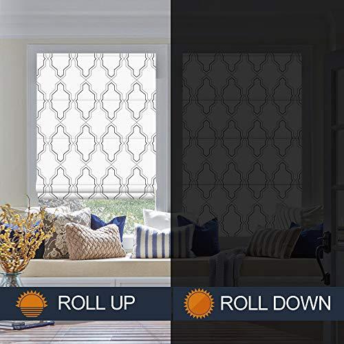 WindowLady Roman Shades Window Blinds, White Premium Blackout Window Roman Shades, Custom Washable Fabric Geometric Roman Shades for Windows, Doors, French Doors, Kitchen Windows
