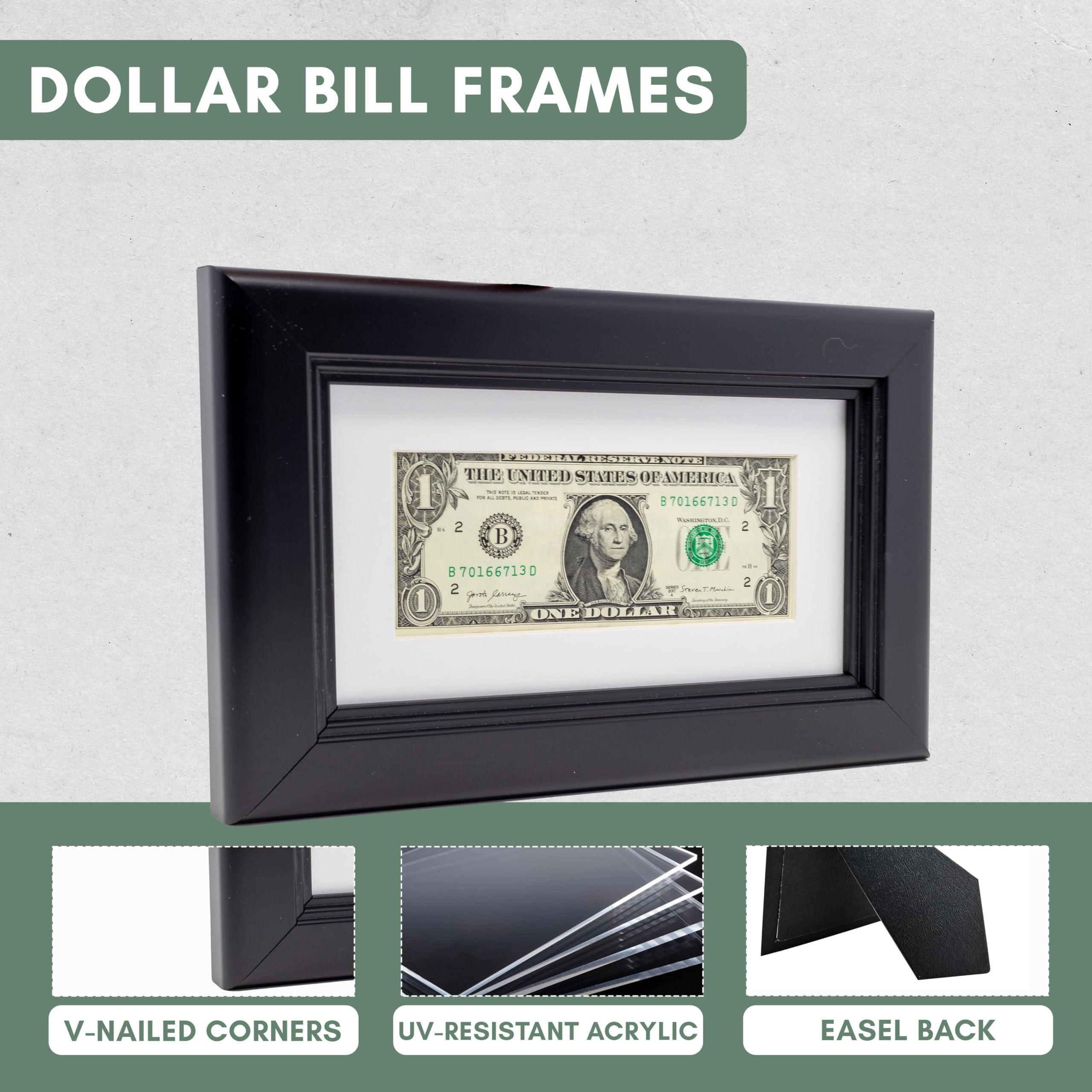 CountryArtHouse CountryArtHouse Traditional Black First Dollar Frame with White Photo Mat, Dollar Bill Holder with Easel Stand and Wall Hanger Included