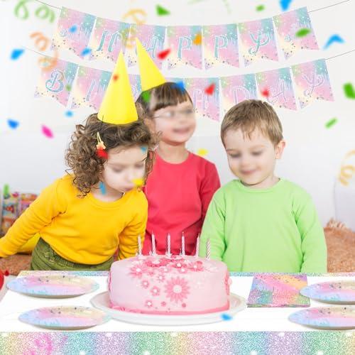 IPEWOEF Gradient Diamond Birthday Party Supplies Macaron Glitter Holographic Disposable Tableware Iridescent Party Decorations Paper Plates Napkins Banner Tablecloth for Girl Kid Baby Shower Wedding 10 Guests