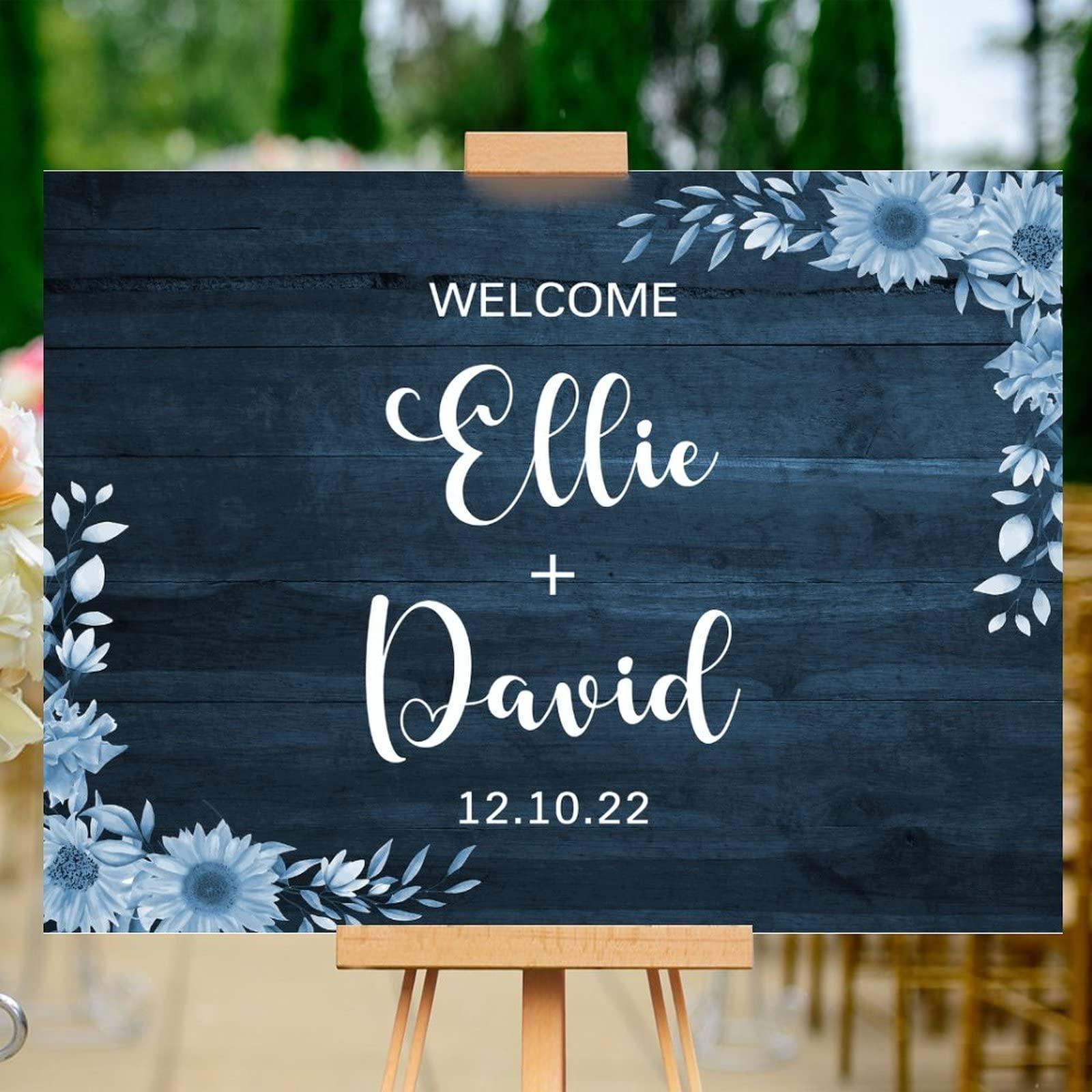 Alioyoit Rustic Wood Wedding Sign Floral Blue Wood Wooden Wedding Welcome Sign Customizable Wedding Reception Ceremony Sign Perfect for Wedding Anniversary Engagement Party Decor Wedding Gift 12x16 Inch
