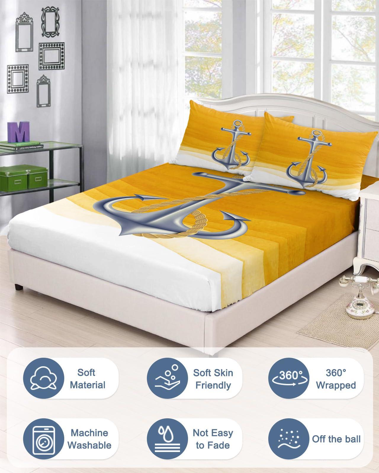 ZFUNCING Marine Nautical Silver Ship Anchor Fitted Bed Sheets Twin XL Size Fit 5-16inch Deep Pockets,Luxury Bottom Sheet Bedding Set with Pillow Case,Yellow Gradient Art Wave Stripe Fitted Sheet for Mattress