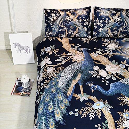 Goldeny JF-448 HD Digital Print White Flowers Peacock Tree Bedding Set with 1 Duvet Cover 2 Shams Full Queen King Sheets, Not Comforter (Full)