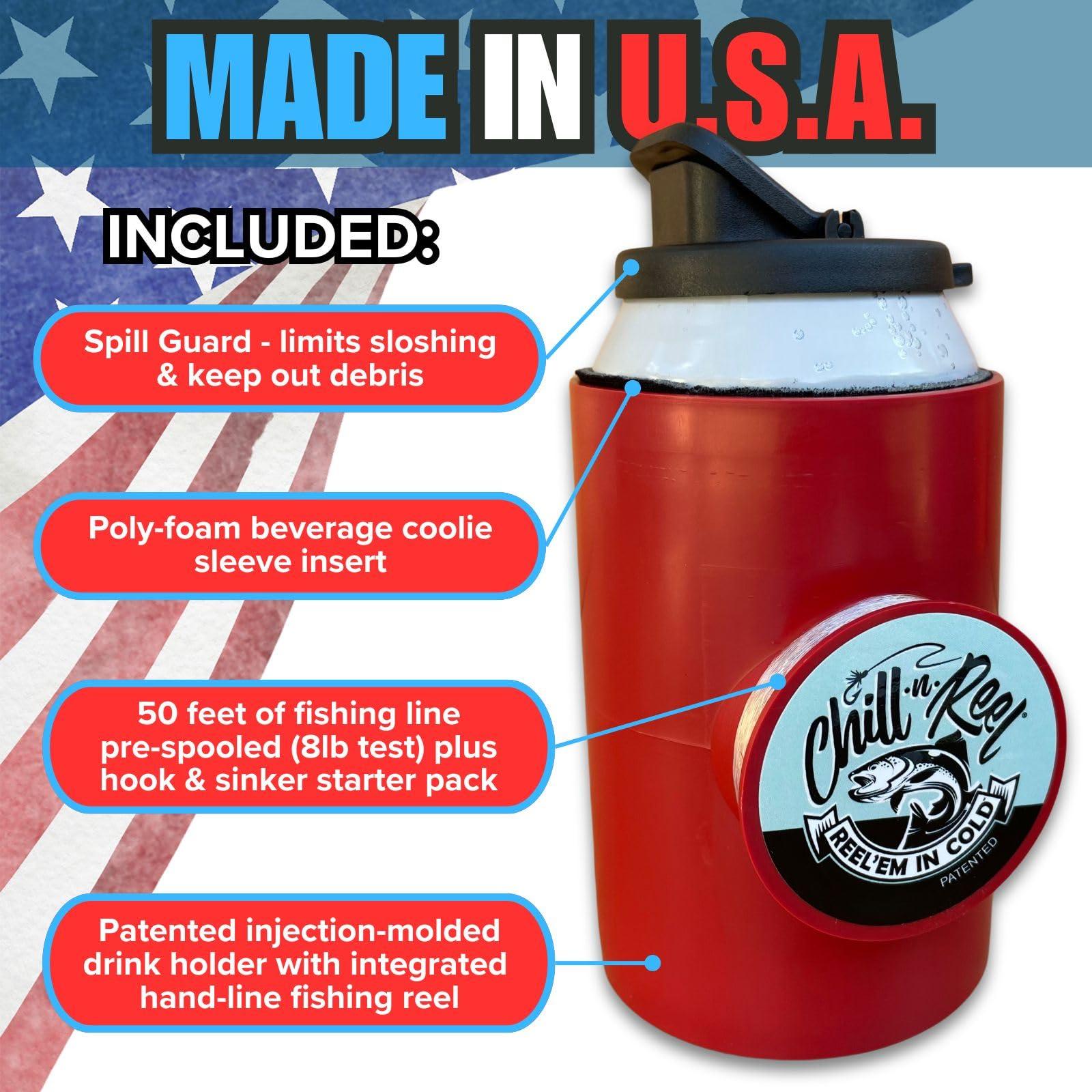 Chill-N-Reel Chill-N-Reel Fishing Can Cooler (from Shark Tank) | Hard Shell Drink Holder with Hand Line Reel Attached | Fits Standard Insulator Sleeves or Coozies | Unique Fun Fishing Gift (Crimson & Spill Guard)