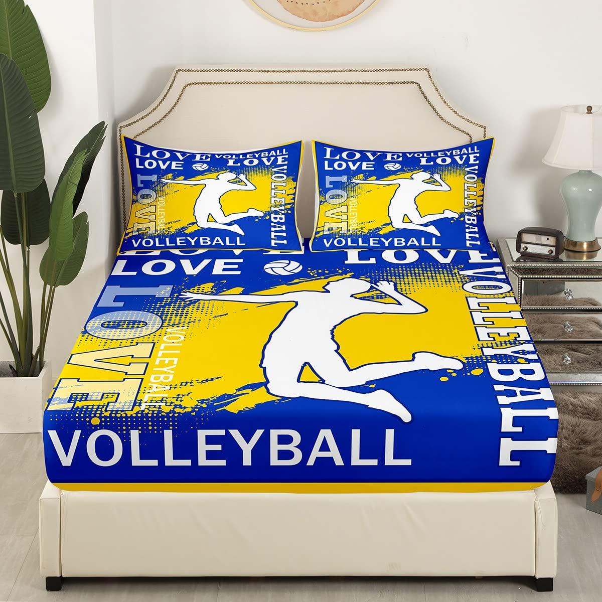 Homewish Volleyball Player Kids Sheet King Size,Sports Games Competition Lover Bedding Set,Girls Boys Adults Room Decor,Yellow Graffiti Fashion Blue Chic Bed Sheet Set 4pcs(Fitted + Flat + 2 Pillowcases)