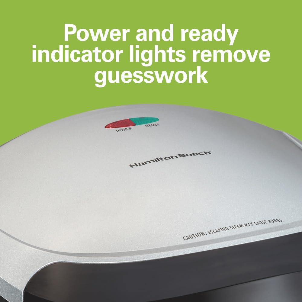 Hamilton Beach Hamilton Beach Electric Indoor Grill, 6-Serving, Large 90 sq. in. Nonstick Easy Clean Plates, Floating Hinge for Thicker Foods, 1200 Watts, 6.38\"D x 12.68\"W x 13.78\"H , Silver (25371)