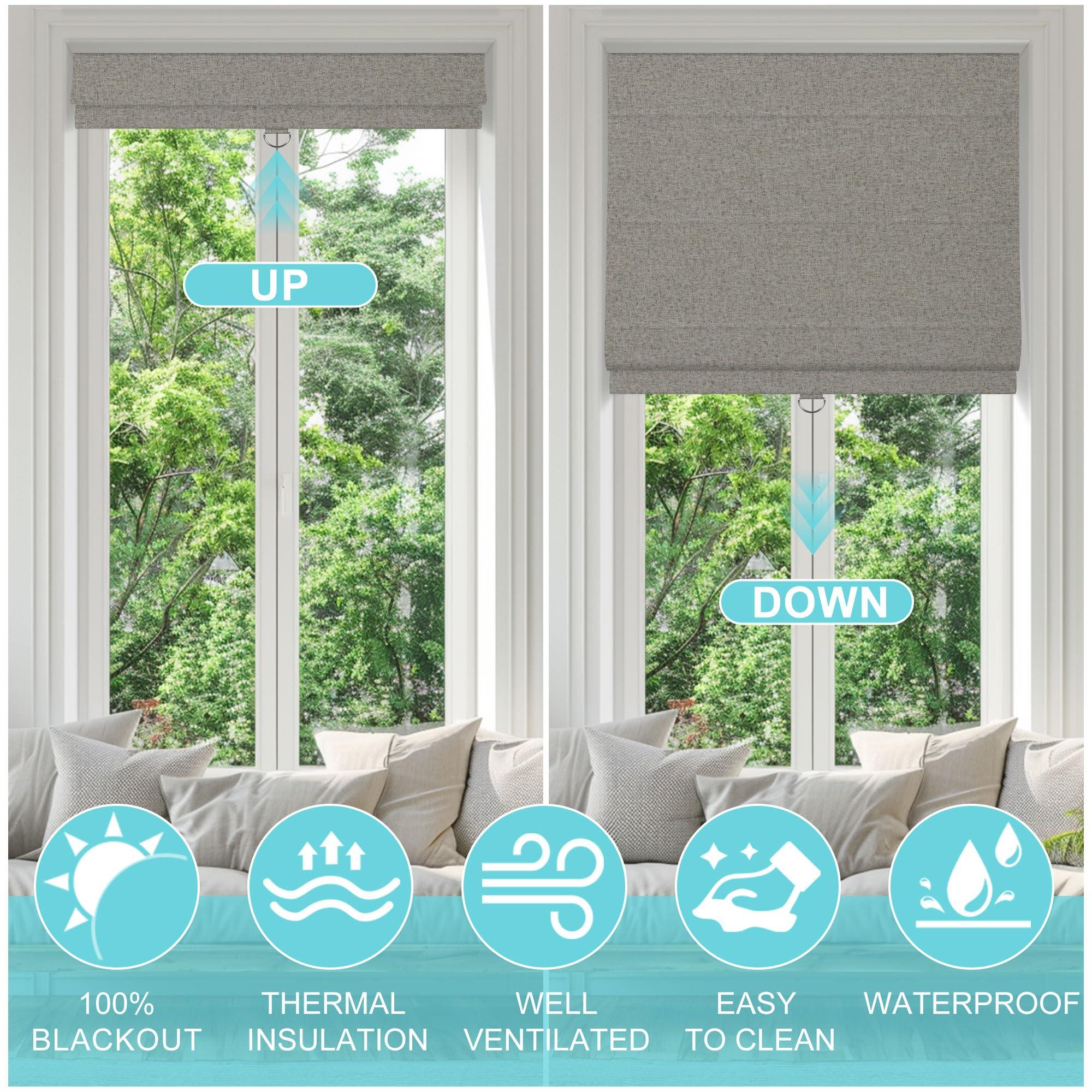 BERISSA BERISSA 100% Blackout Roman Shades for Windows,Cordless Linen Roman Blinds,Thermal Insulated Noise Reduction Room Darkening Pull Down Window Shades for Home Office Bedroom(46" W x 68" H) Dark Gray