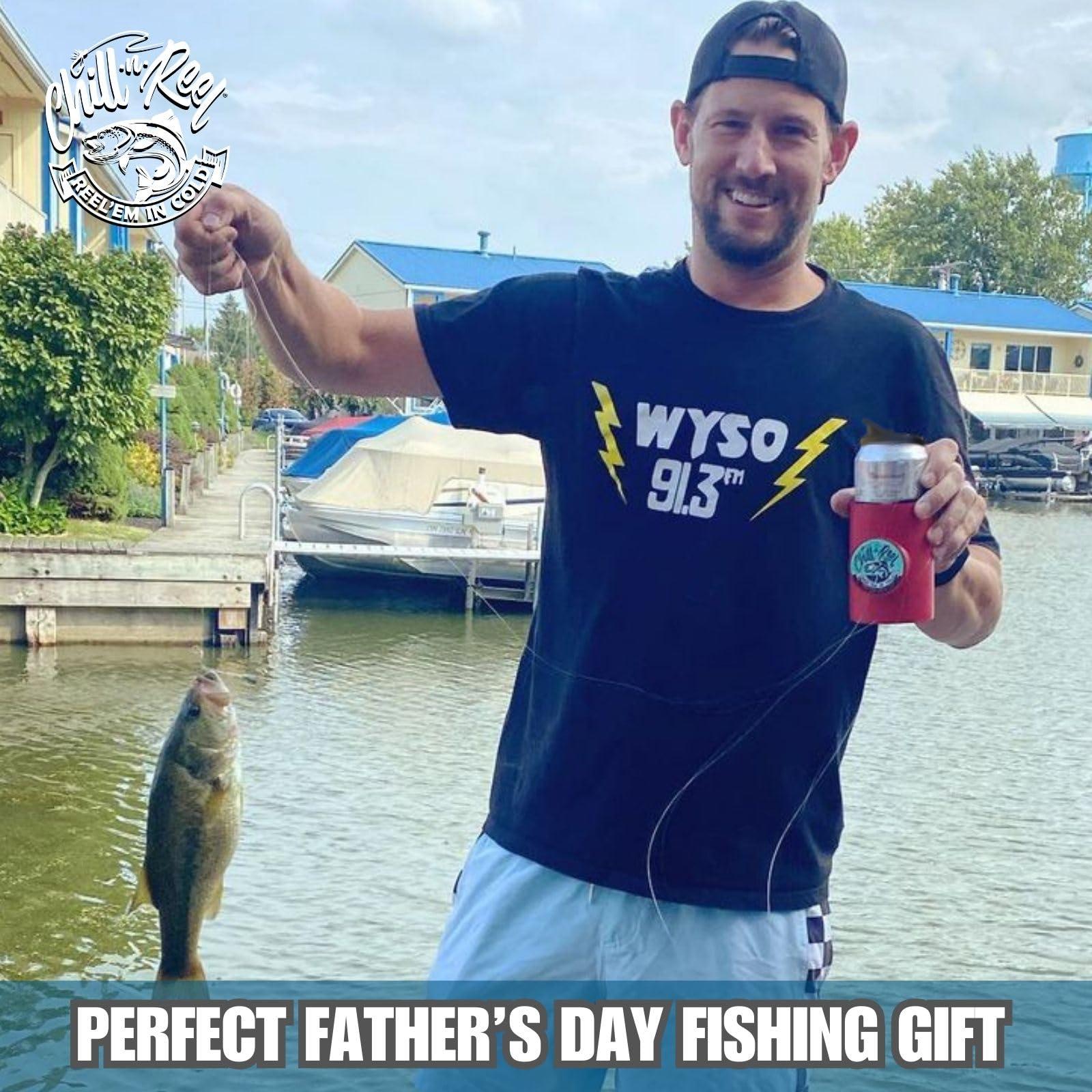 Chill-N-Reel Chill-N-Reel Fishing Can Cooler (from Shark Tank) | Hard Shell Drink Holder with Hand Line Reel Attached | Fits Standard Insulator Sleeves or Coozies | Unique Fun Fishing Gift (Crimson & Spill Guard)