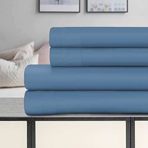 SUPERIOR Superior Egyptian Cotton 4 Piece Sheet Set, Luxury 1200 Thread Count, Eco-Friendly, Sustainable Sheets, Ultra-Soft Basics, Solid, Deep Pocket Fitted Sheet, Flat Sheet, Pillowcases, King, Medium Blue