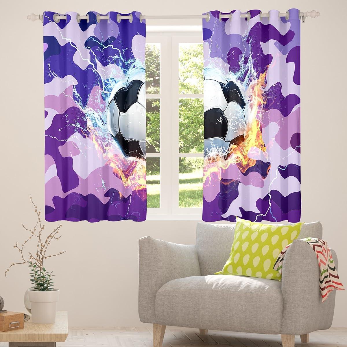 Erosebridal Football Curtains For Boys, Soccer Window Curtains, Sports Games Bedding Set For Kids Teens Adult Men, Camouflage Ice And Fire Thermal Insulated Window Drapes For Living Room Decor, Purple 42"Wx84"L