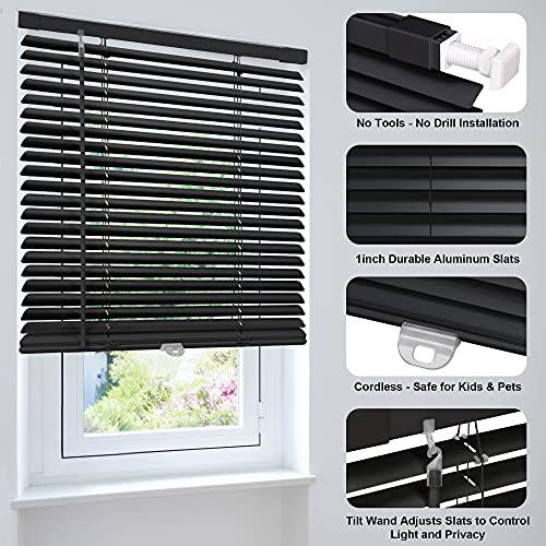 LazBlinds LazBlinds No Tools-No Drill 1" Aluminum Mini Blinds, Cordless Blinds for Indoor Windows, Light Filtering Horizontal Blinds and Shades for Window Size 48'' W x 64'' H, Black