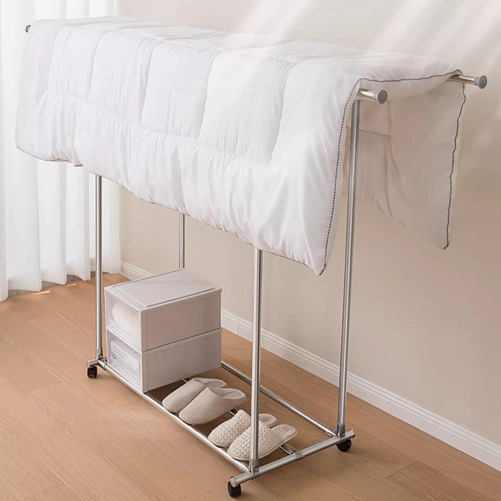 JOMRTS Heavy duty Garment rack Double Rod Clothing Rack On Wheels, Extendable Hanging Rod, Heavy Duty Clothes Rail With Shelves, Portable Closet Organizer For Bedroom, Stainless Steel Clothes Drying Rack