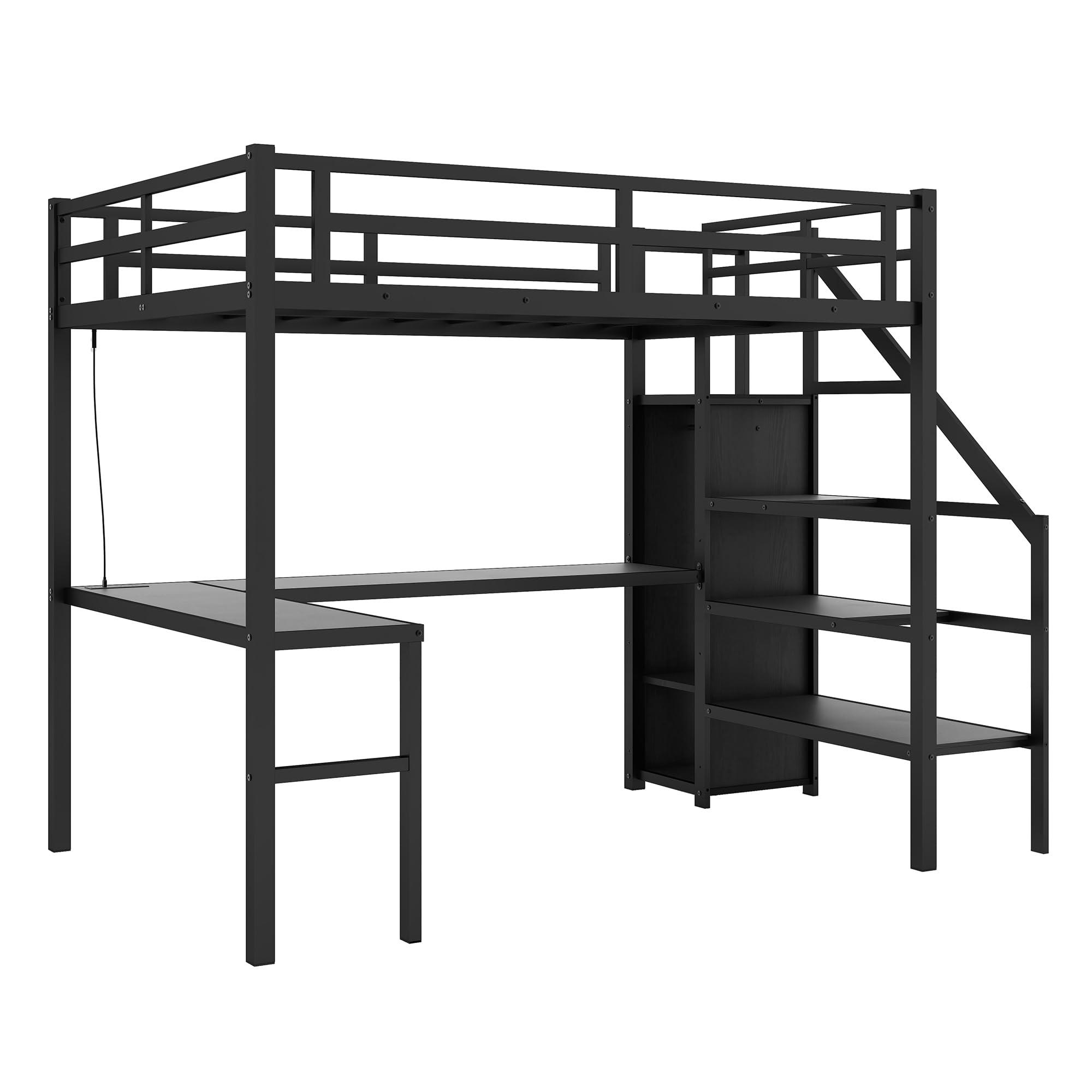 Linique Linique Full Size Gaming Loft Bed with L-Shaped Desk, LED and Charging Station, Metal Loft Bed with Wardrobe and Adjustable Shelf for Kids Teens Adults, Black