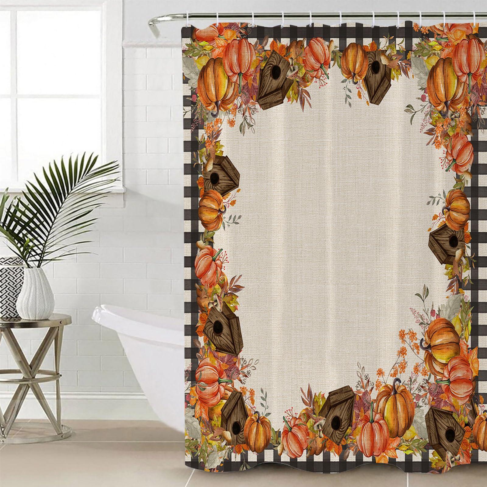 ZOE GARDEN Thanksgiving Autumn Shower Curtain Set with Hook 36\"x72\",Washable Cloth Polyester Fabric Shower+Curtain,Waterproof Bath Curtains for Bathroom,Bathtubs Accessories Farmhouse Pumpkin Mushroom Leaves