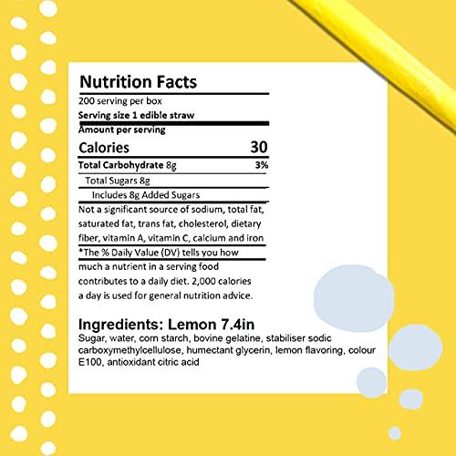 SORBOS Sorbos Edible Straws, Lemon Flavored, Sustainable, Individually Packaged, No Plastic, No Allergens, No Gluten, No PFAS, 100 Percent Biodegradable, 7.4 inches long (Pack of 200)