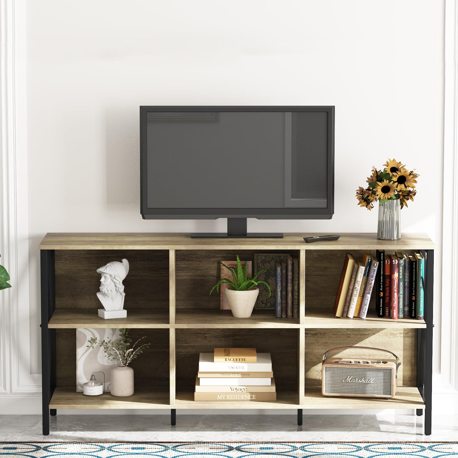 Adompacat Horizontal Bookshelf Bookcase,6 Cube Storage Organizer with Open Shelf,47 Inch Industrial Low Wide Wood and Metal Cubby shelf,Long shelving unit for Home Office Living Room(Rustic Oak,6 Cube)