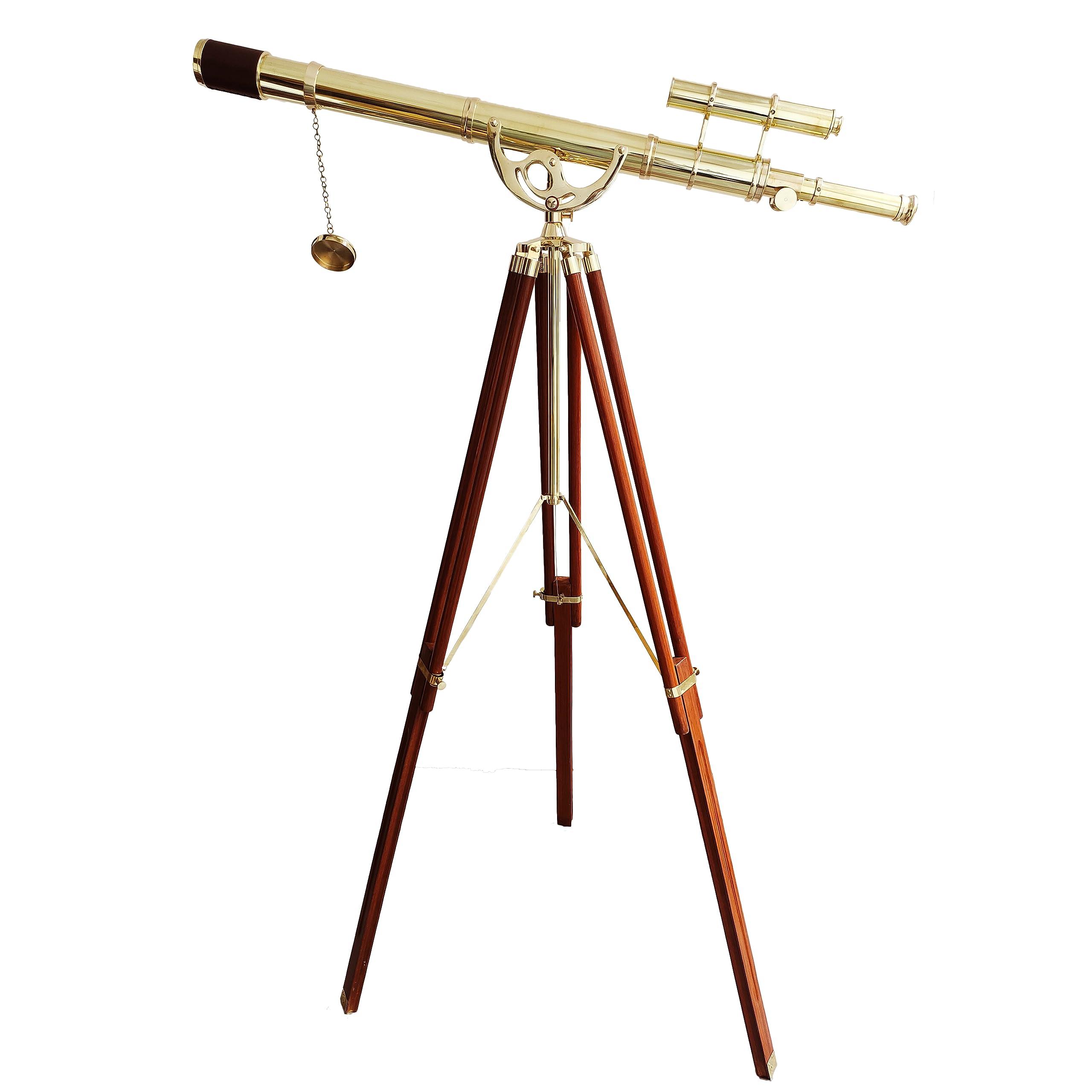 NAVIROCK Vintage Brass Telescope Nautical Shiny Brass Finish Latest Double Barrel Telescope Antique Floor Standing Adjustable Wooden Tripod Handicraft Marine Brown Leather