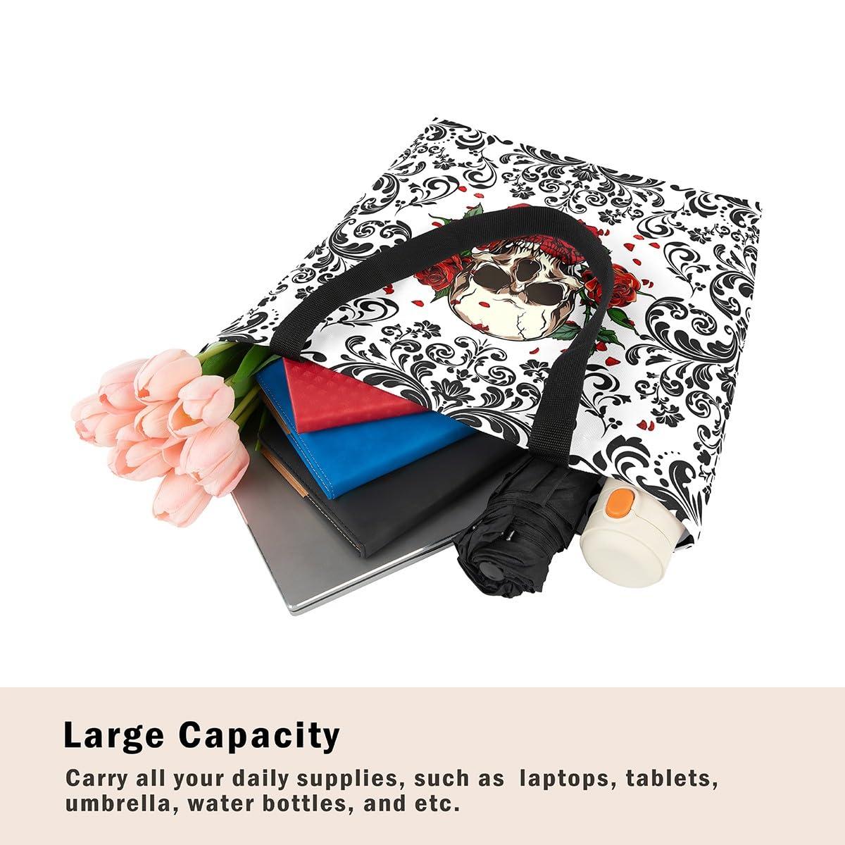 RezsoyeN RezsoyeN Skull Red Roses Canvas Tote Bag For Women Black Damask Floral Gothic Shopping Handbag Halloween Skull Skeleton Reusable Grocery Bag Goth Hippie Skull Shoulder Bag White