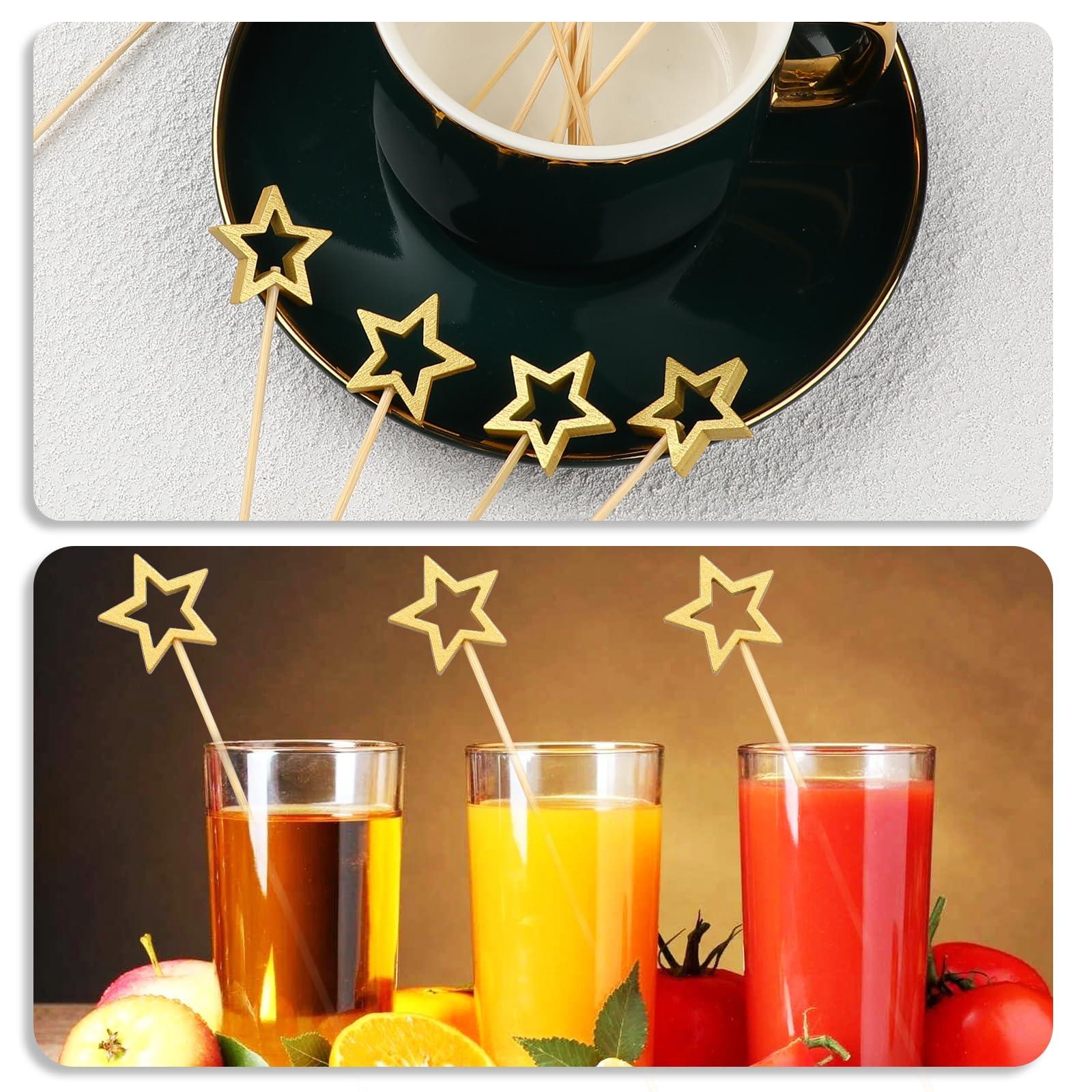 Aiyorse 100PCS Gold Star Bamboo Cocktail Picks, 5.5 Inch Christmas Fancy Toothpicks for Appetizers, Decorative Cocktail Picks for Party Decoration, Appetizer Skewers for Charcuterie Drinks Desserts Fruit