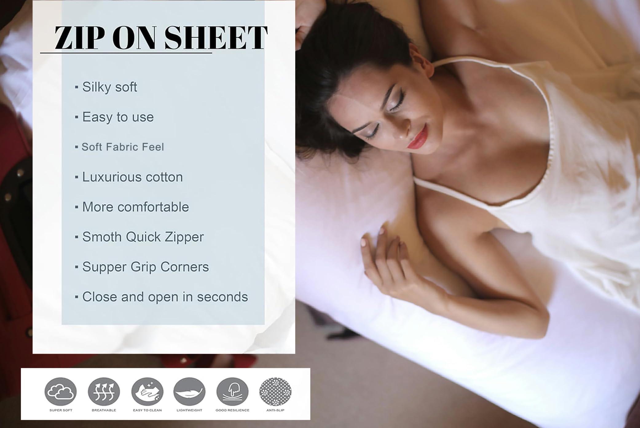 PURE ECO Zip On Fitted Sheet Cal King (72X84) + 10 Inch Deep Pockets - Includes 2 Zip-On Sheets & 1 Fitted Sheet Base - Cal King Size Zipper Fitted Sheets - Soft Cotton 600 TC Fitted Sheet - White
