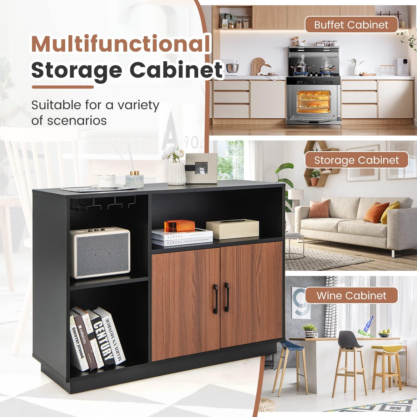 CHEFJOY CHEFJOY Industrial Wine Bar Cabinet, Kitchen Buffet Sideboard Cabinet for Liquor & Glasses, Coffee Bar with Removable Wine Rack & Adjustable Shelf, Home Bar Furniture for Living Room, Black