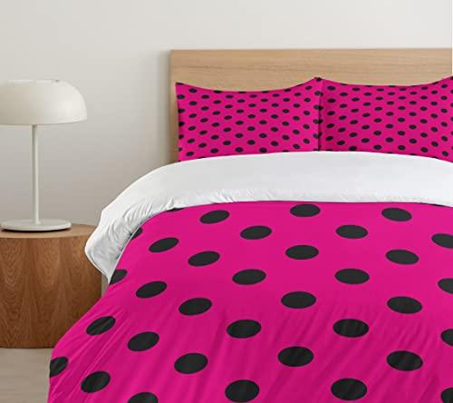 Ambesonne Ambesonne Hot Pink Duvet Cover Set, Pop Art Inspired Design Retro Pattern of Black Polka Dots Classical Spotted, Decorative 3 Piece Bedding Set with 2 Pillow Shams, King Size, Hot Pink Black